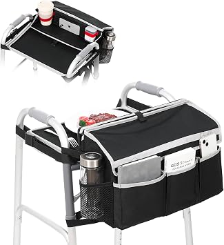 Walker Bags for Folding Walker | Upgrade Accessories - Basket with Cup Holder and 2 Trays for Seniors Detachable to Carry Things | Large Capacity Carry Storage Carrier Tote