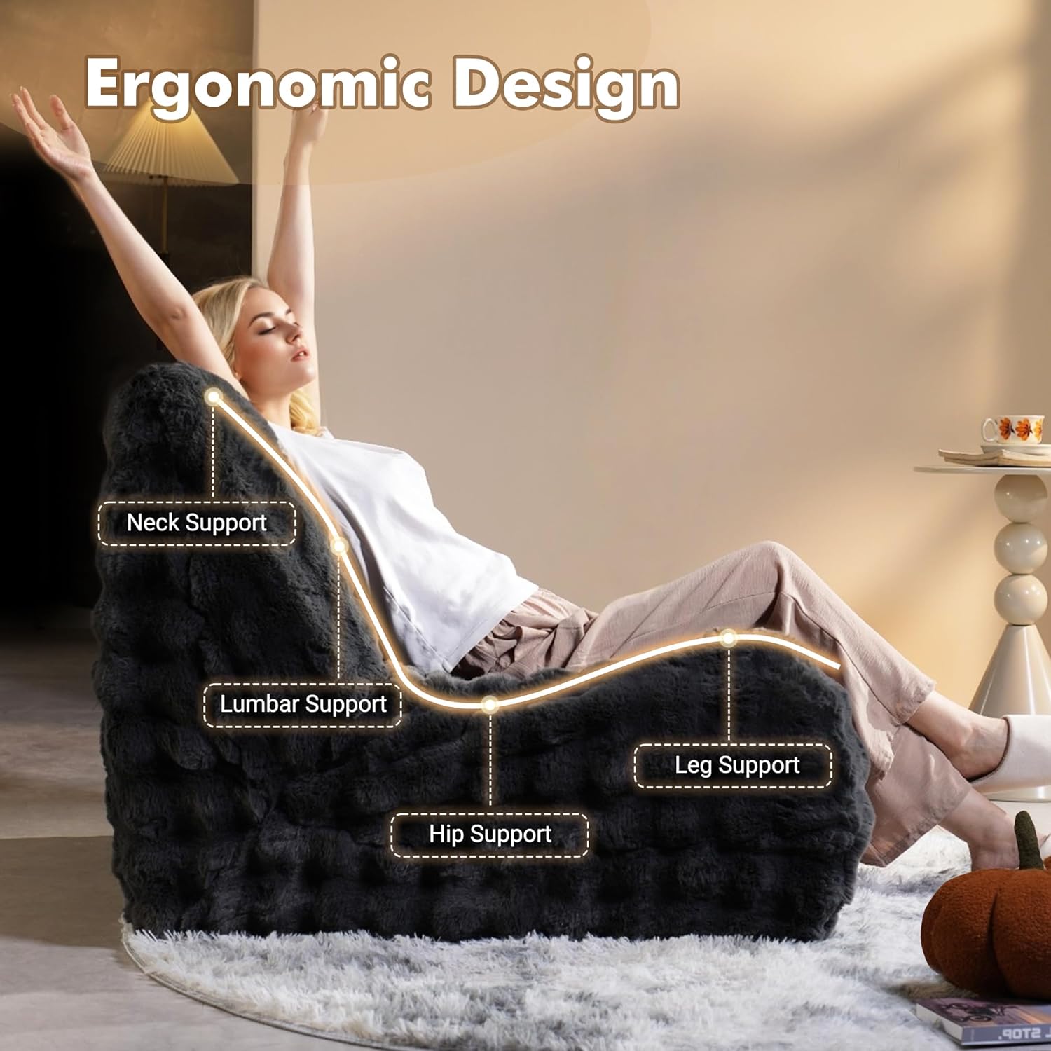 Bean Bag Chair for Adults, Giant Oversized Fluffy Bean Bag for Fireside, Big Bean Bag Lounger Floor Chair for Home, Apartment, Gaming Venue, Dorm, Dark Gray