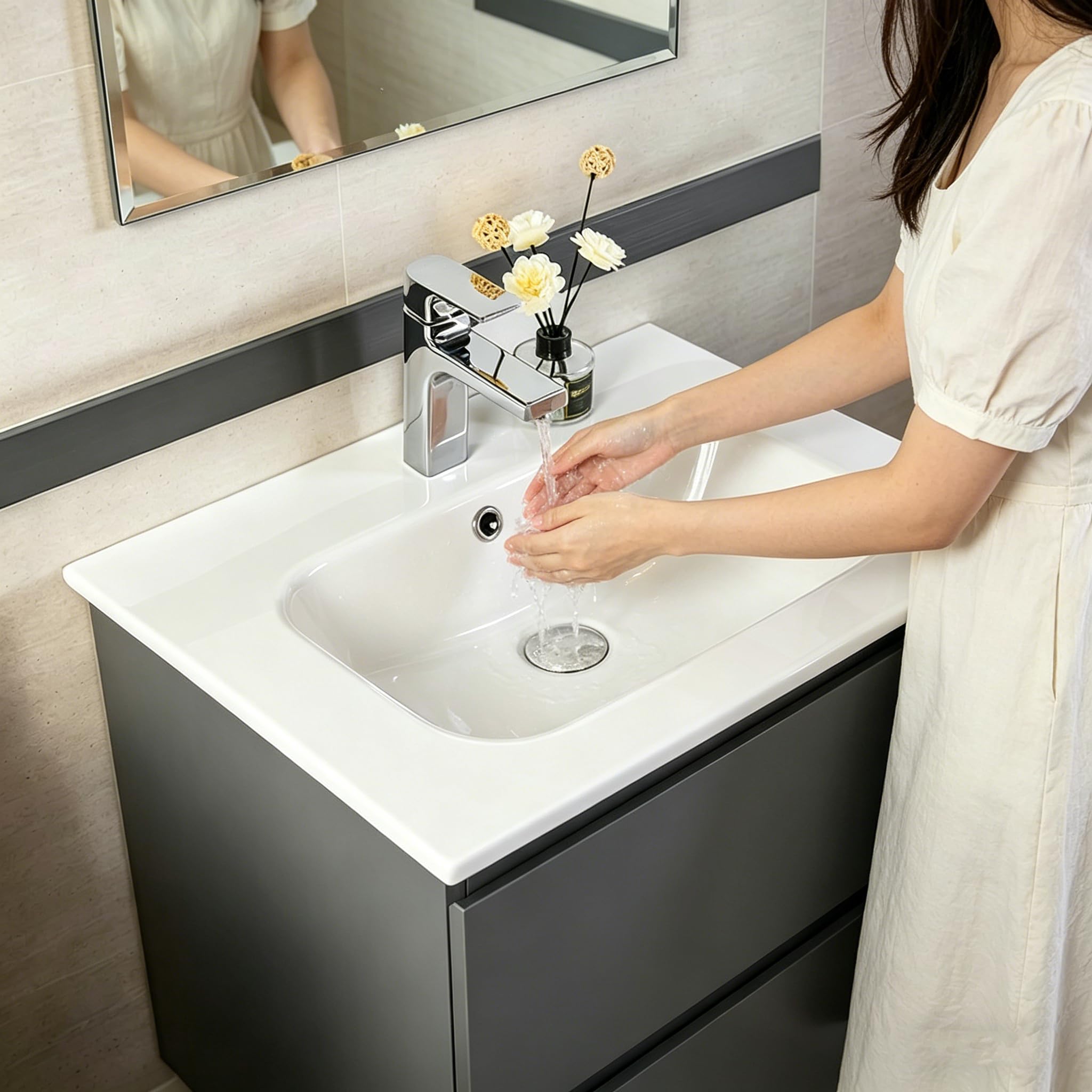 Lavabo Integrale a Incasso Soprapiano, Rettangolare in Ceramica Bianco Lucido, Lavandino Bagno con Foro Troppopieno (610 x 460 x 155 mm)