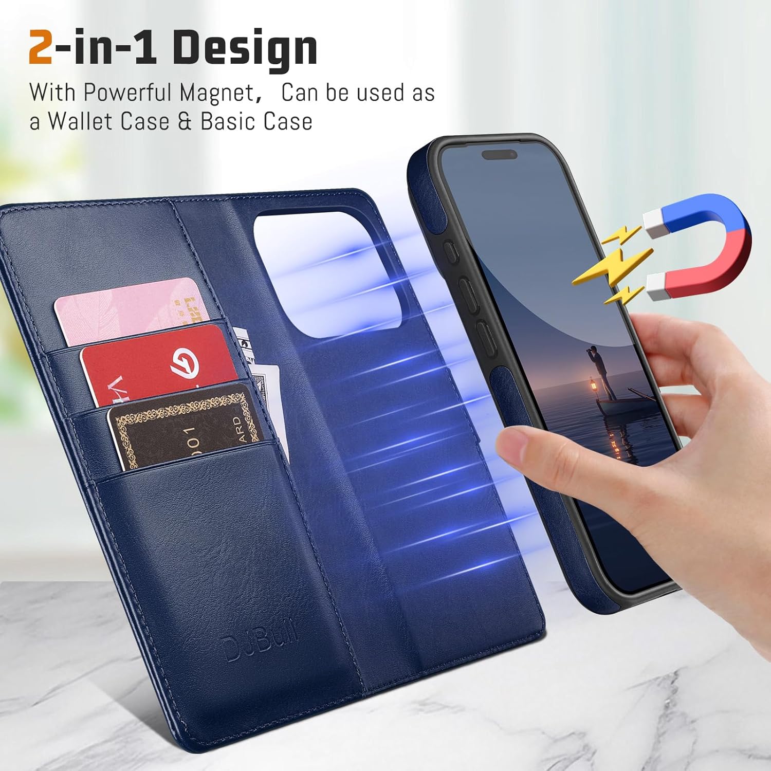 DJBull 2-in-1 Detachable Wallet Case for iPhone 17 Pro 6.3" RFID Blocking Flip Folio with Card Holder | PU Leather Shockproof Protective Cover Women Men for Apple 17 Pro Phone Case Blue