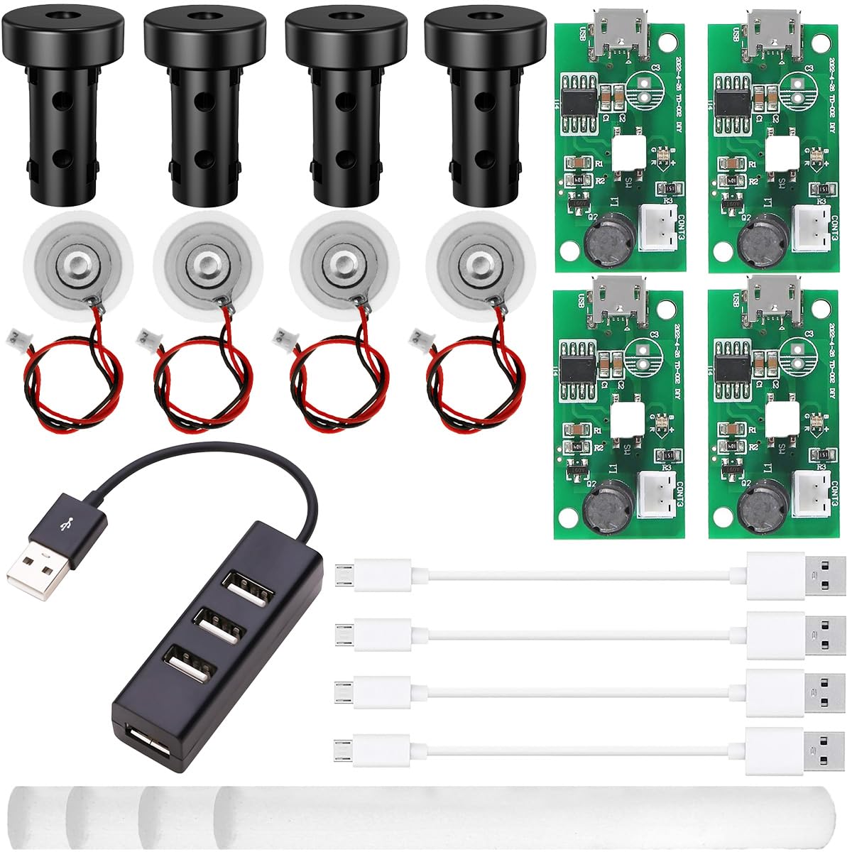 Youmile 4 pcs USB Humidifier Module DIY Atomizer Micro Interface 5V Circuit Board Ultrasonic Mist Maker Driver with Micro USB Cable Bracket 10mm Cotton Swab USB expansion interface cable