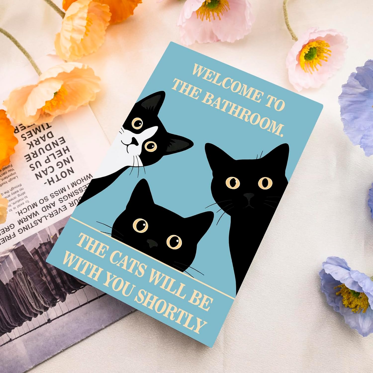 SUDIKUB Vintage Black Cat Bathroom Signs Decor Funny Wooden Cat Art Desk Decor Retro Bathroom Art Welcome To The Bathroom Sign For Restroom - Image 4