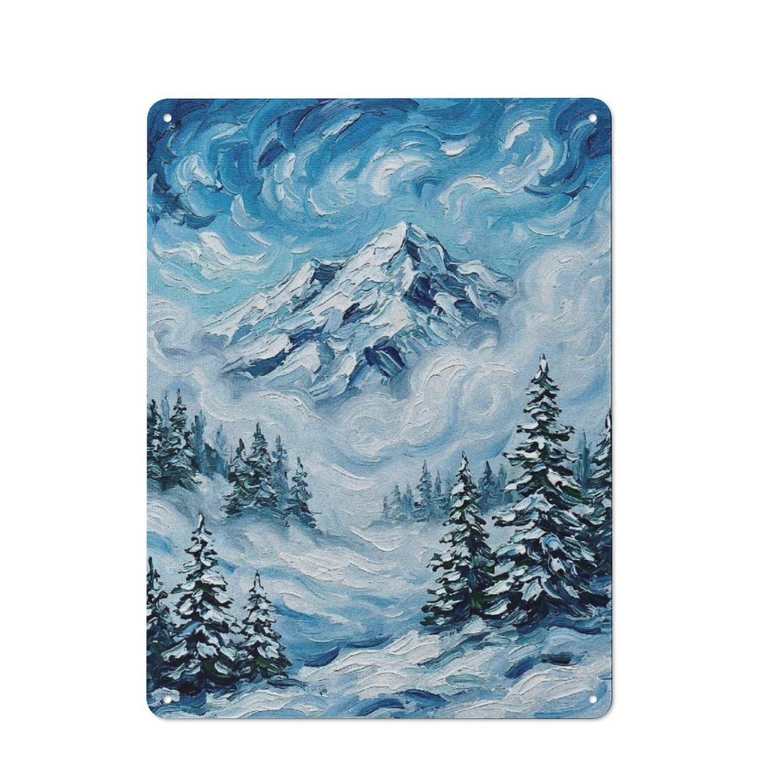 Junmoney Style-10 Vintage Metal Plaque 40X30cm Featuring Winter Mountain Landscape Painting, Diner Style Decor For Restaurant, Kitchen, Counter Or Breakfast Nook