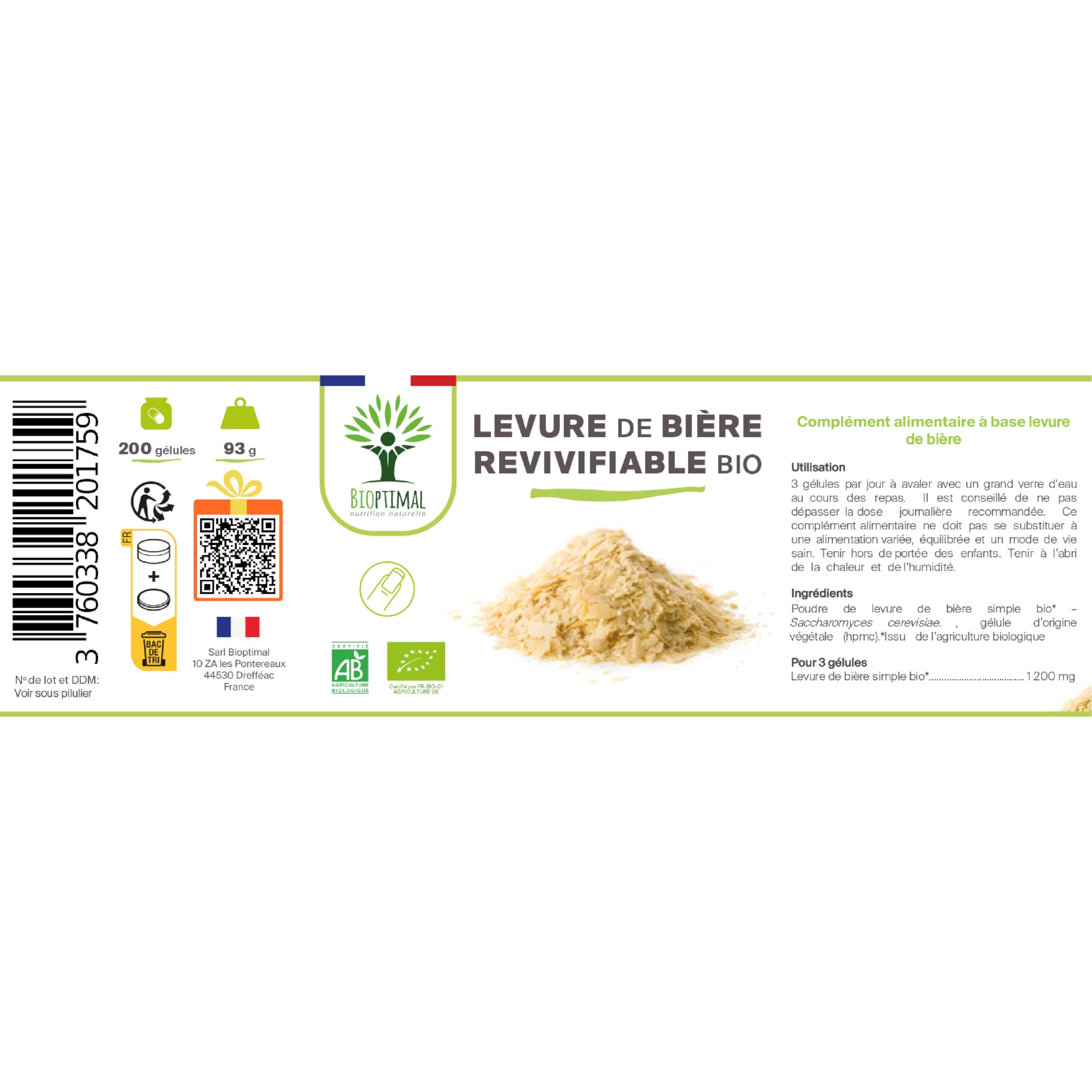 Levure de Bière Bio Revivifiable - Bioptimal - Complément alimentaire - Vivante & Active - Peau Cheveux Ongles - Digestion Transit Probiotique - Fabriqué en France - Certifié par Ecocert - 200 gélules
