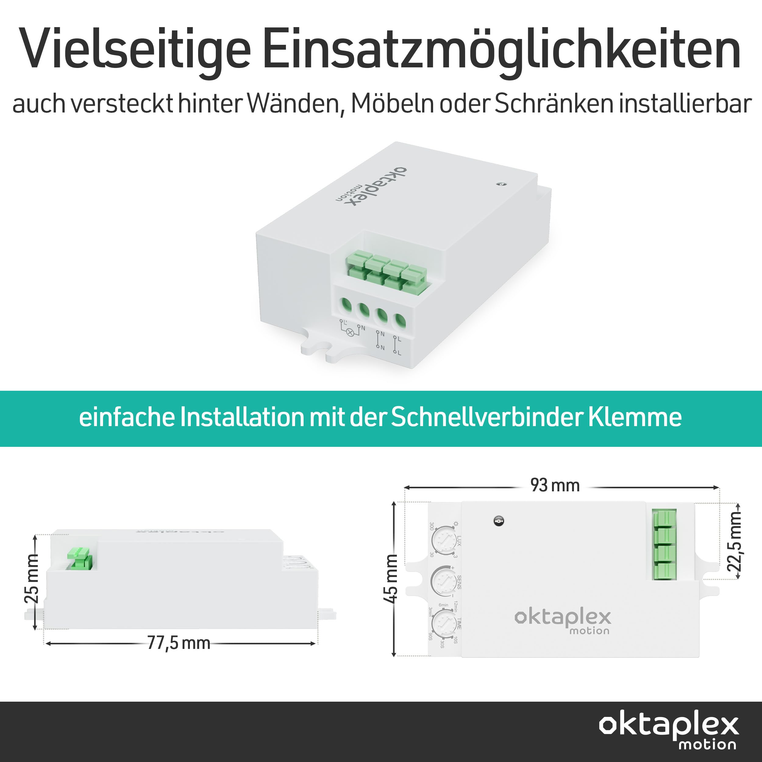2er Set Oktaplex Amy 24 GHz HF Präsenzmelder weiß | Radar Bewegungsmelder Modul zum Einbau in LED Leuchten - Unsichtbare Lichtsteuerung für Deckenlampen
