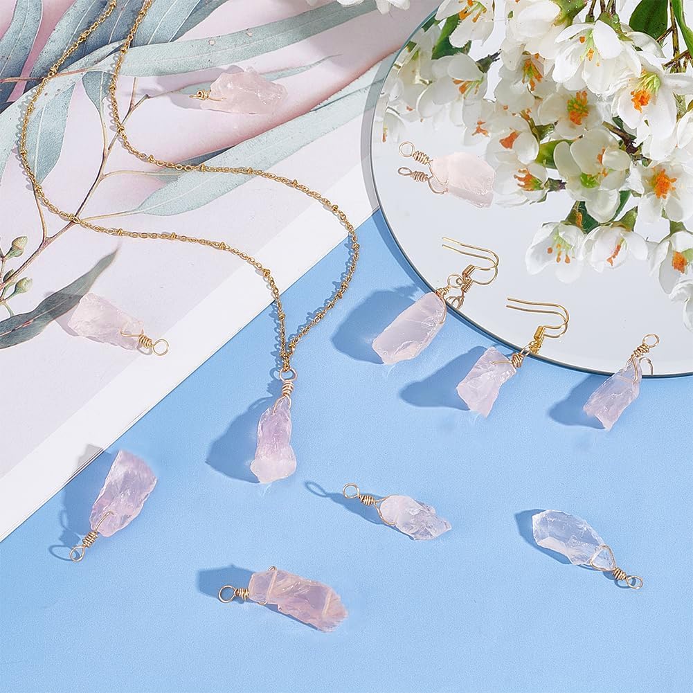 FINGERINSPIRE 16 Pcs About 28 mm Natural Rose Quartz Pendants Bulk Irregular Light Pink Quartz Charms with Real 18k Gold Wire Wrapped Nuggets Healing Crystal Stone Pendent for Valentine's Day Jewelry Making - Image 5
