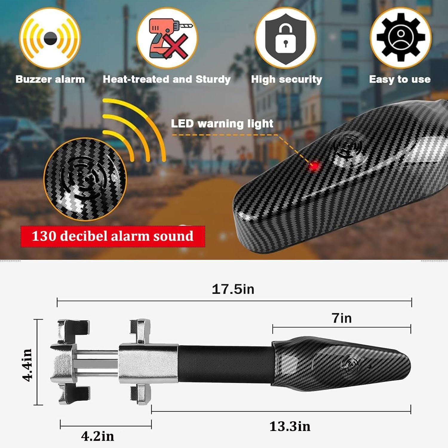 Antifurto Auto con Allarme, 130 dB Blocca Sterzo Automobile Robusto Anti furto di Sicurezza con 2 Chiavi, Universale Bloccaggio volante er Auto, Camper Camion