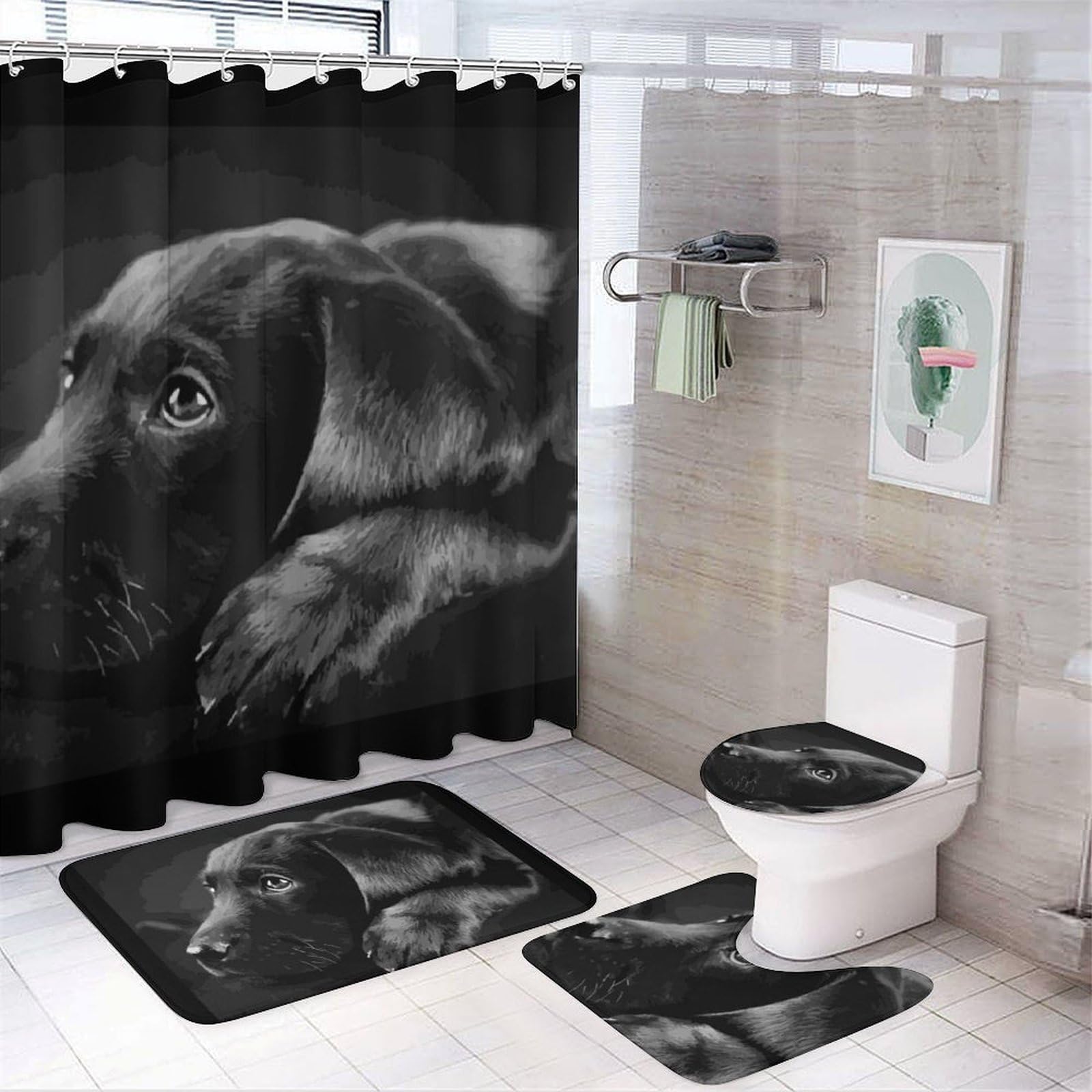 JZemdybill Bathroom Mat Set 4 Piece, Black Labrador Puppy Art Shower Curtain with Non-Slip Bath Mats for Bathroom
