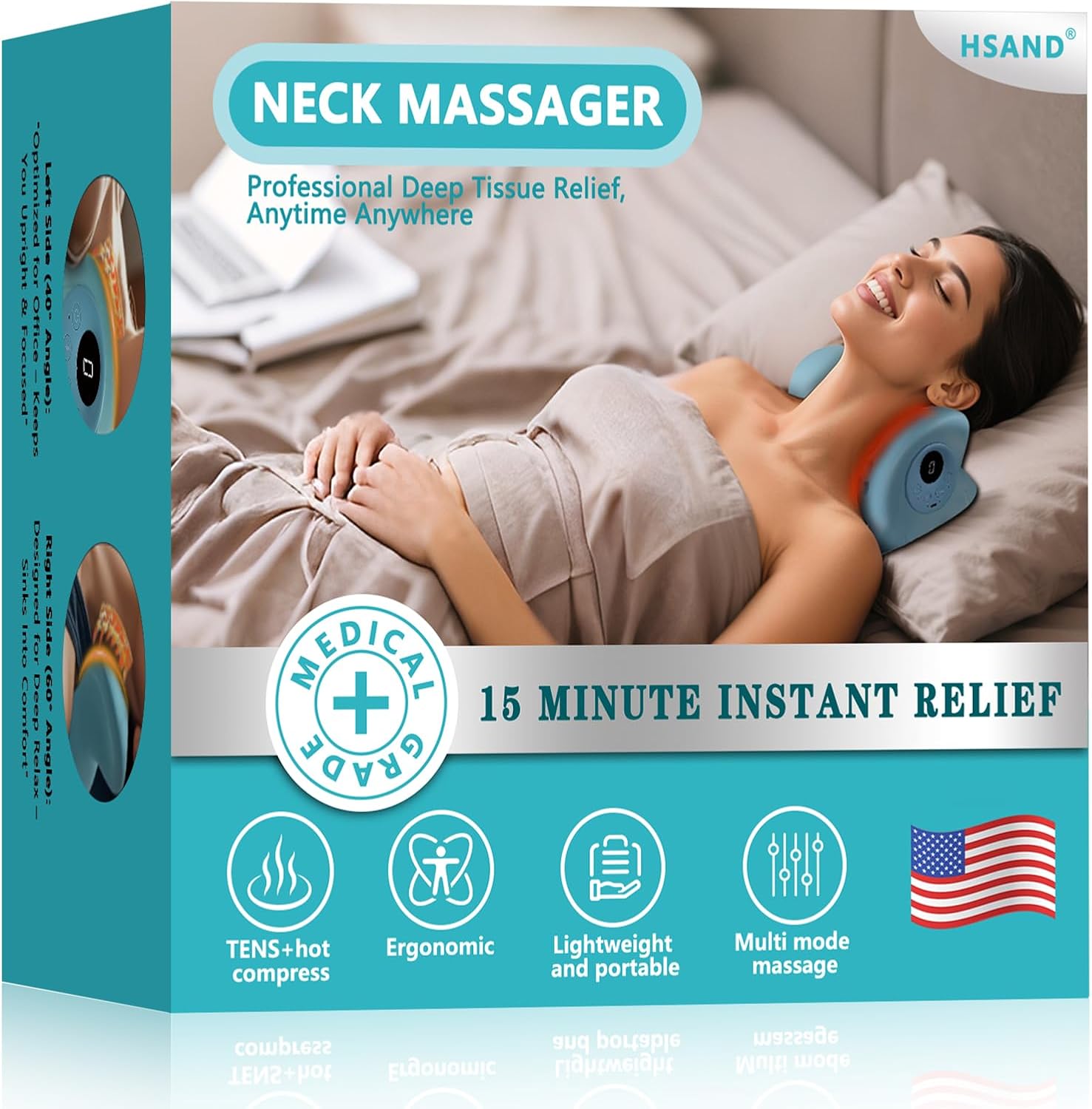 HSAND Neck Massager Pillow for Deep Tissue Pain Relief, 4 Adjustable Modes, Portable Neck Stretcher with Heat, Ergonomic 26° Shoulder Massager(Blue)