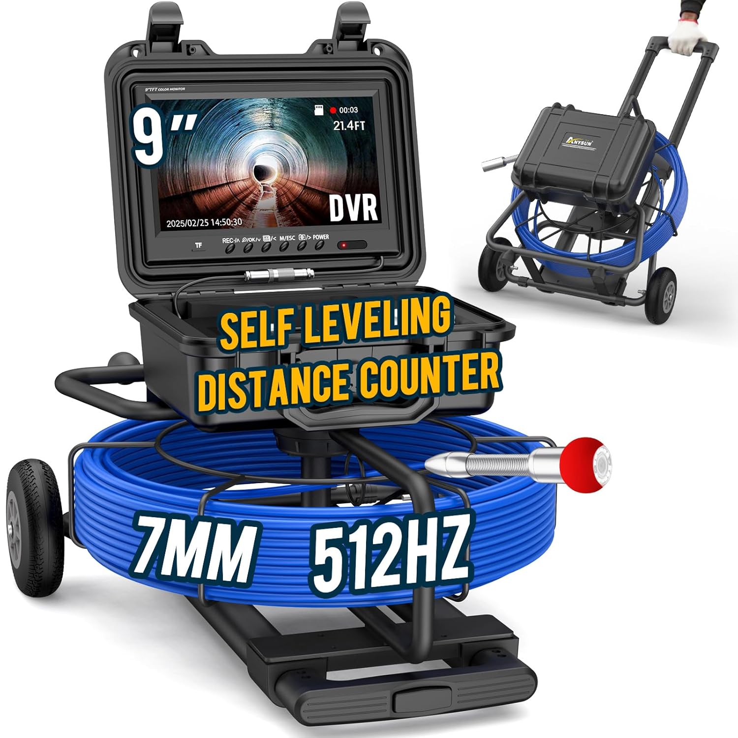 Anysun Sewer Camera with 512hz Sonde 200ft, Self Leveling Sewer Inspection Camera with Distance Counter, 7MM Diameter Cable with Trolley and Wheels, 9" HD Monitor with DVR Drain Pipe Camera(32GB Card)