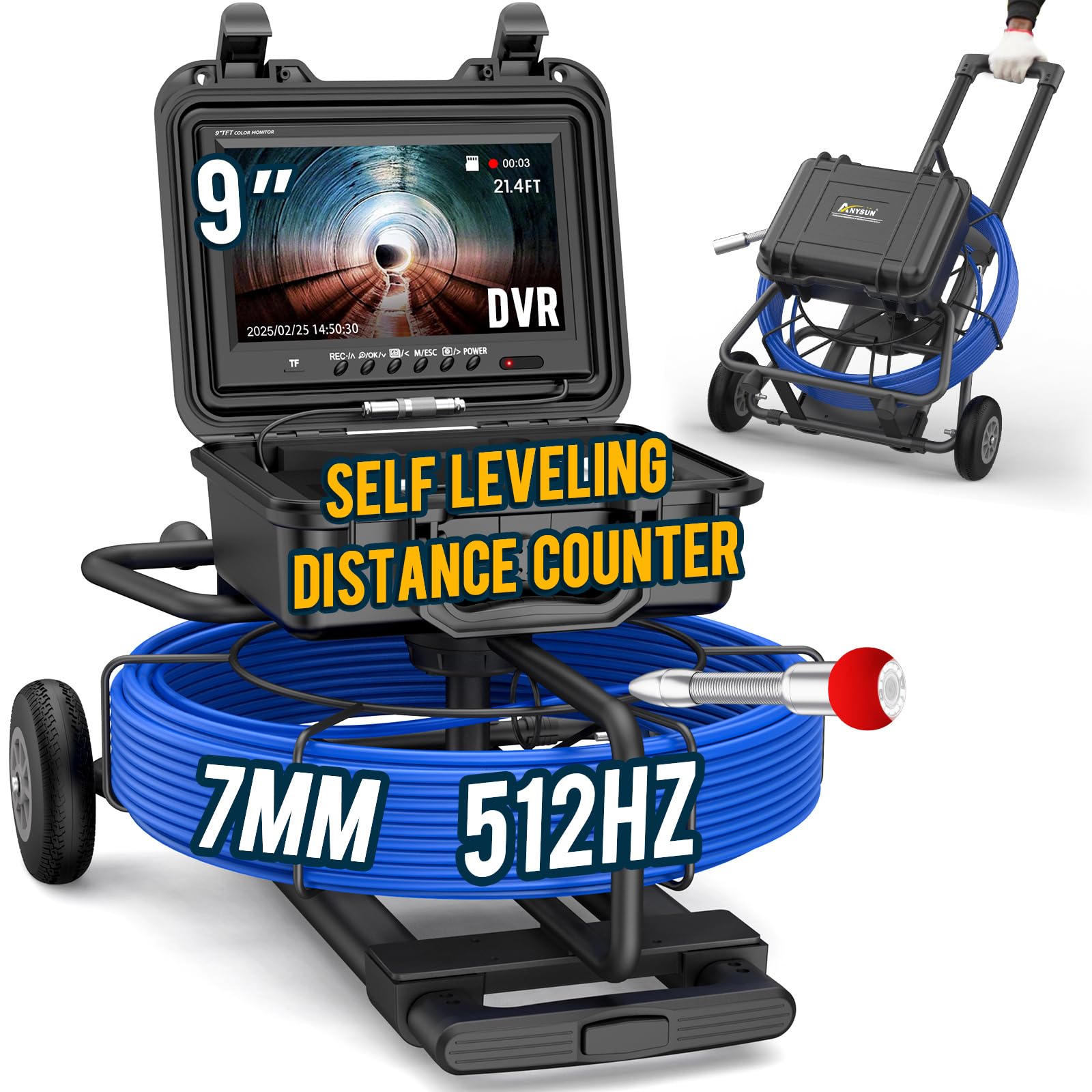 Anysun Sewer Camera with 512hz Sonde 200ft, Self Leveling Sewer Inspection Camera with Distance Counter, 7MM Diameter Cable with Trolley and Wheels, 9