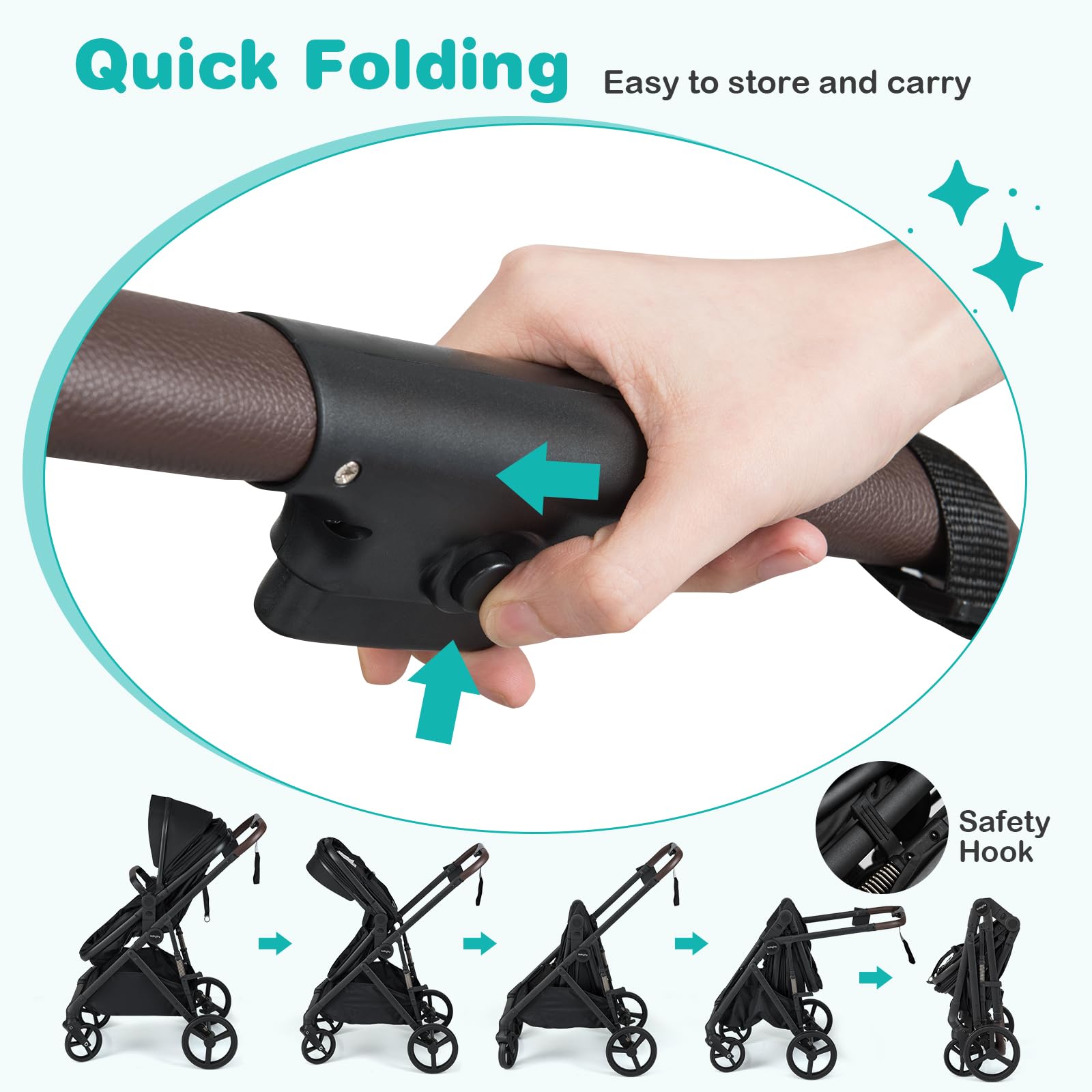 COSTWAY 3 in 1 Baby Stroller, Foldable Travel System Pram with Reversible Seat, Adjustable Canopy & Backrest, Mesh Net, Storage Basket, Lightweight Infant Newborn Pushchair for 0-36 Months (Black) — view 5