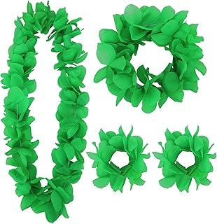 (Green) Hawaiian Luau Flower Leis Jumbo Necklace Bracelets Headband Set Halloween Costume