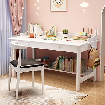 K*ids Desk with Drawers and Bookshelf Student Computer Workstation & Writing Table Wooden Home Computer Desk47Inch, White