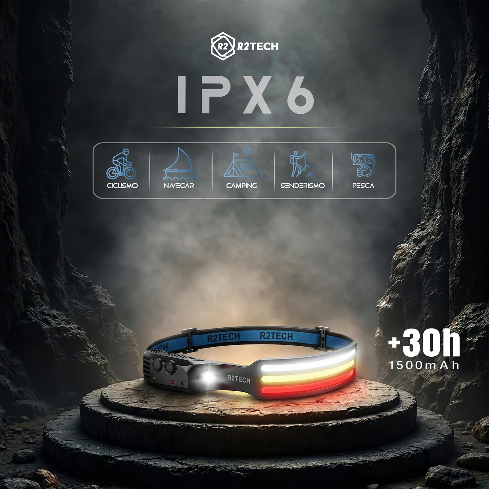 Linterna Frontal LED Recargable Alta Potencia con Luz Roja y Cálida para Running, Ciclismo, Pesca y Camping
