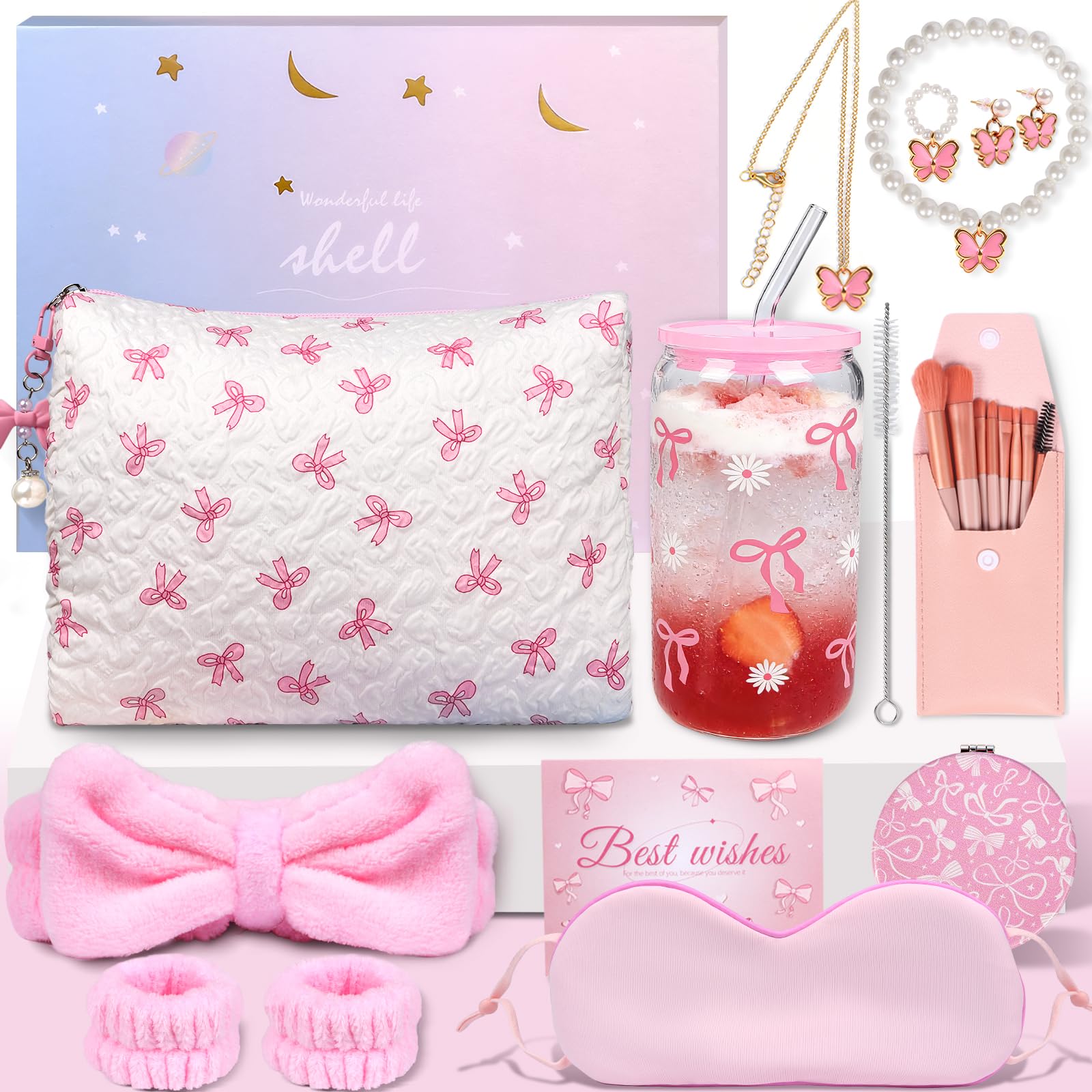 Gifts for Girls Teenage 9 10 11 12 13 14 15 Year Old, Perfect Valentine's Day Birthday Gifts for Girls Teens, Glass Cup with Lid and Straw, Makeup Brushes, Cosmetic Bag, Butterfly Jewellery