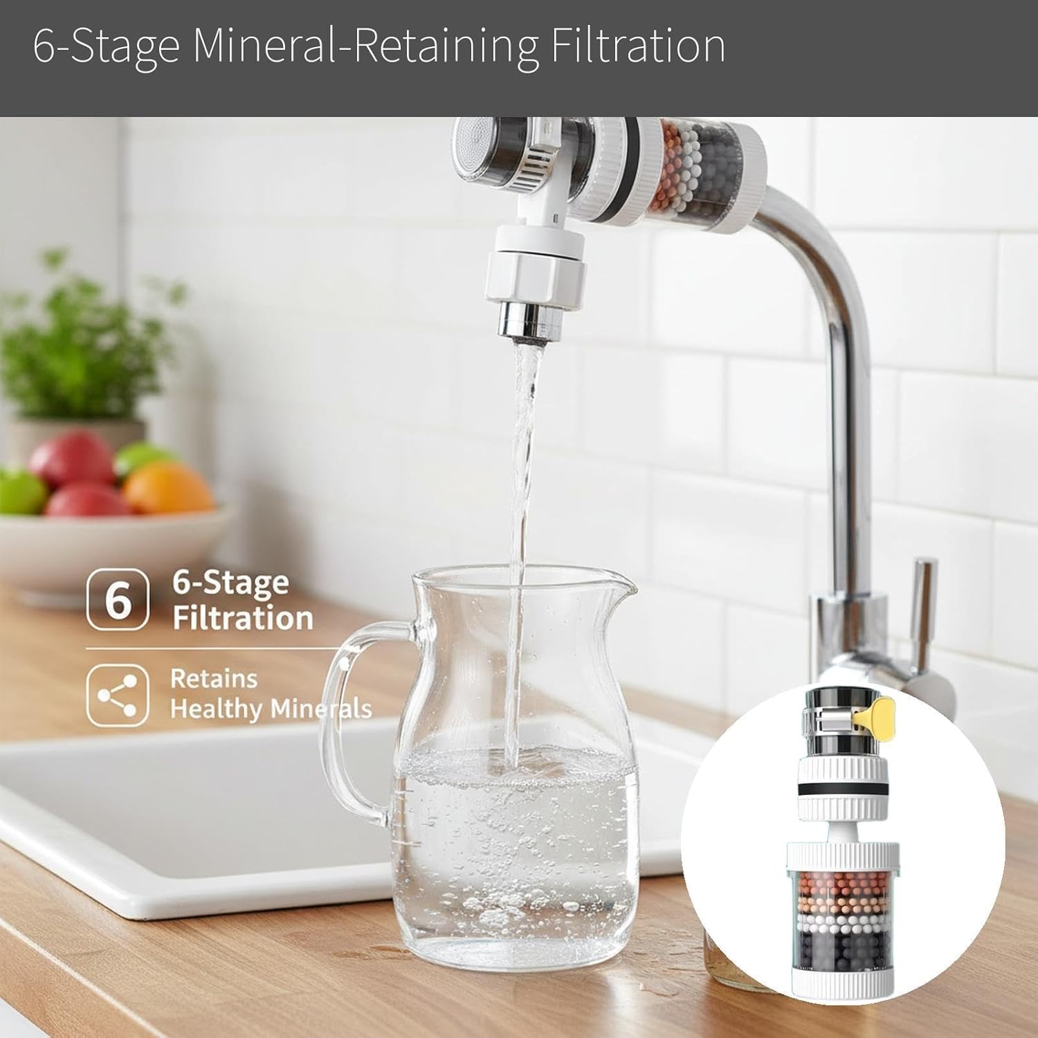 Faucet Water Filter for Kitchen Sink – 360° Swivel, Tool-Free Installation, 6-Stage Filtration for Sediment and Odor Reduction (White,4.72×1.18×1.18in)