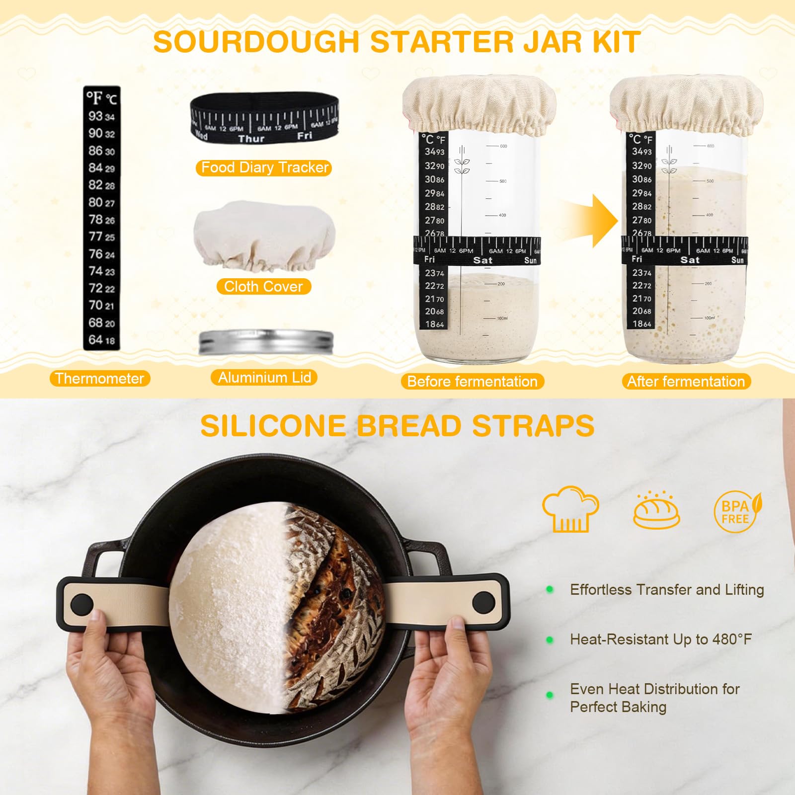 Cestino da Lievitazione per Pane, Set Lievitazione Pane 25cm Ovale & 23cm Rotondo, Kit Completo di Lievito Madre con Barattolo per Levito Madre, Accessori per la cottura del pane per Principianti