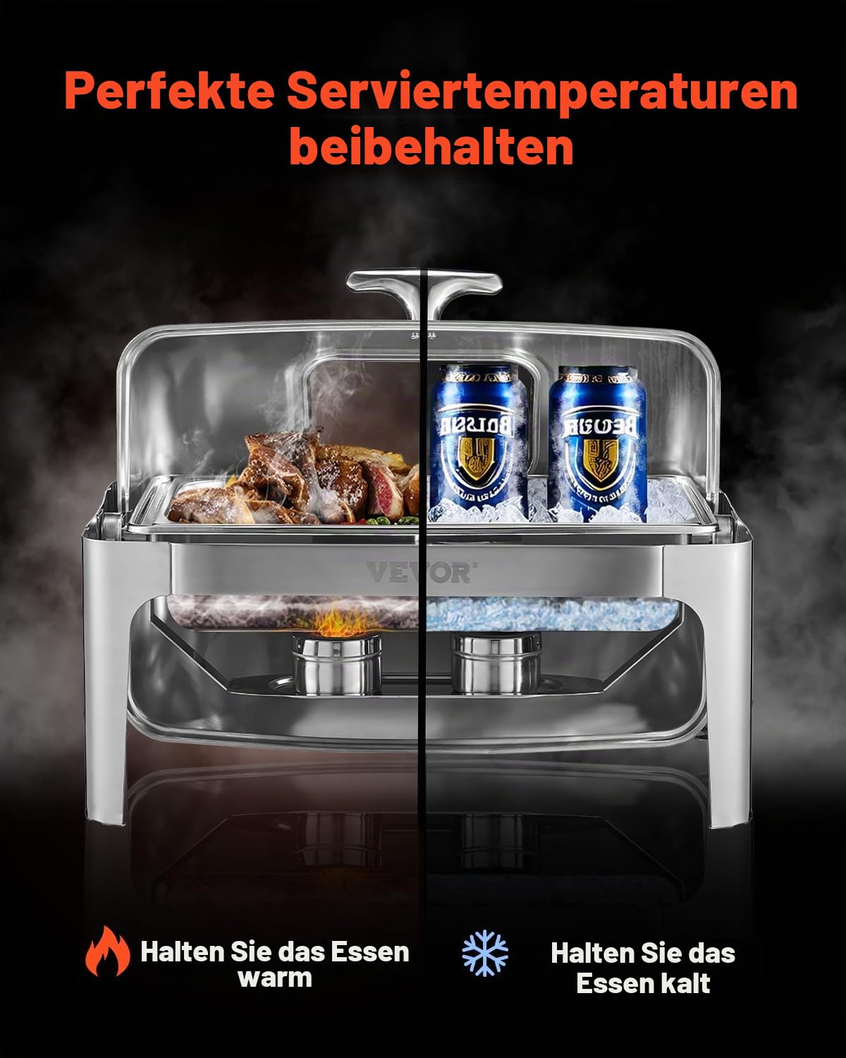 VEVOR Chafing Dish Set Speisenwärmer Edelstahl mit 2 Pfannen in halber Größe (3,9 L), rechteckiger Wärmespender mit sichtbarem Deckel & Wasserpfannenständer & Brennstoffhalter, für Partys Silber
