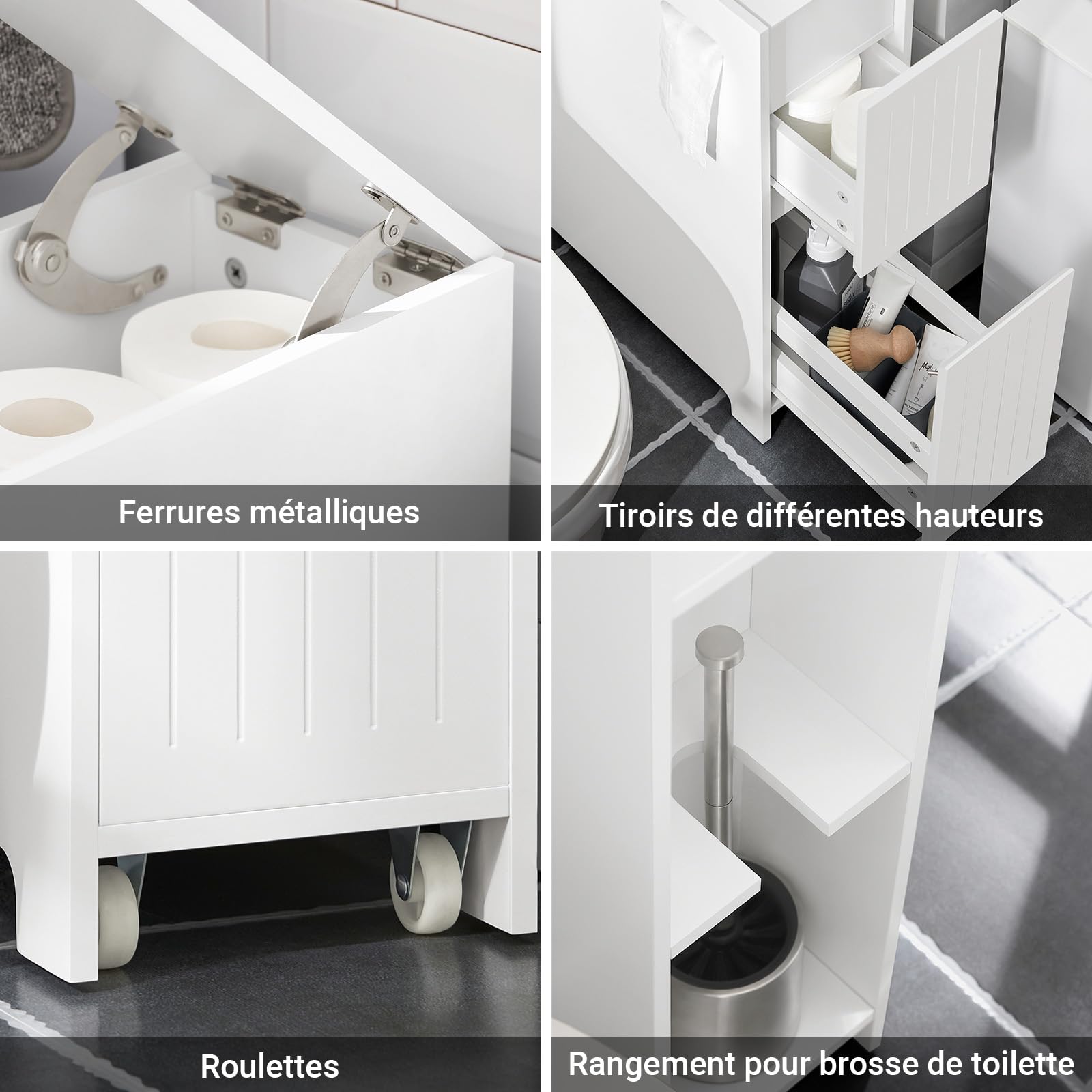 SoBuy Meuble Salle de Bain avcc 2 Tiroirs Meuble WC de Rangement 60x20x75cm | Armoire WC Compact, Meuble Salle de Bain Étroit avec Roulettes, en Bois, pour Rangement de Papier Toilette, BZR111-W
