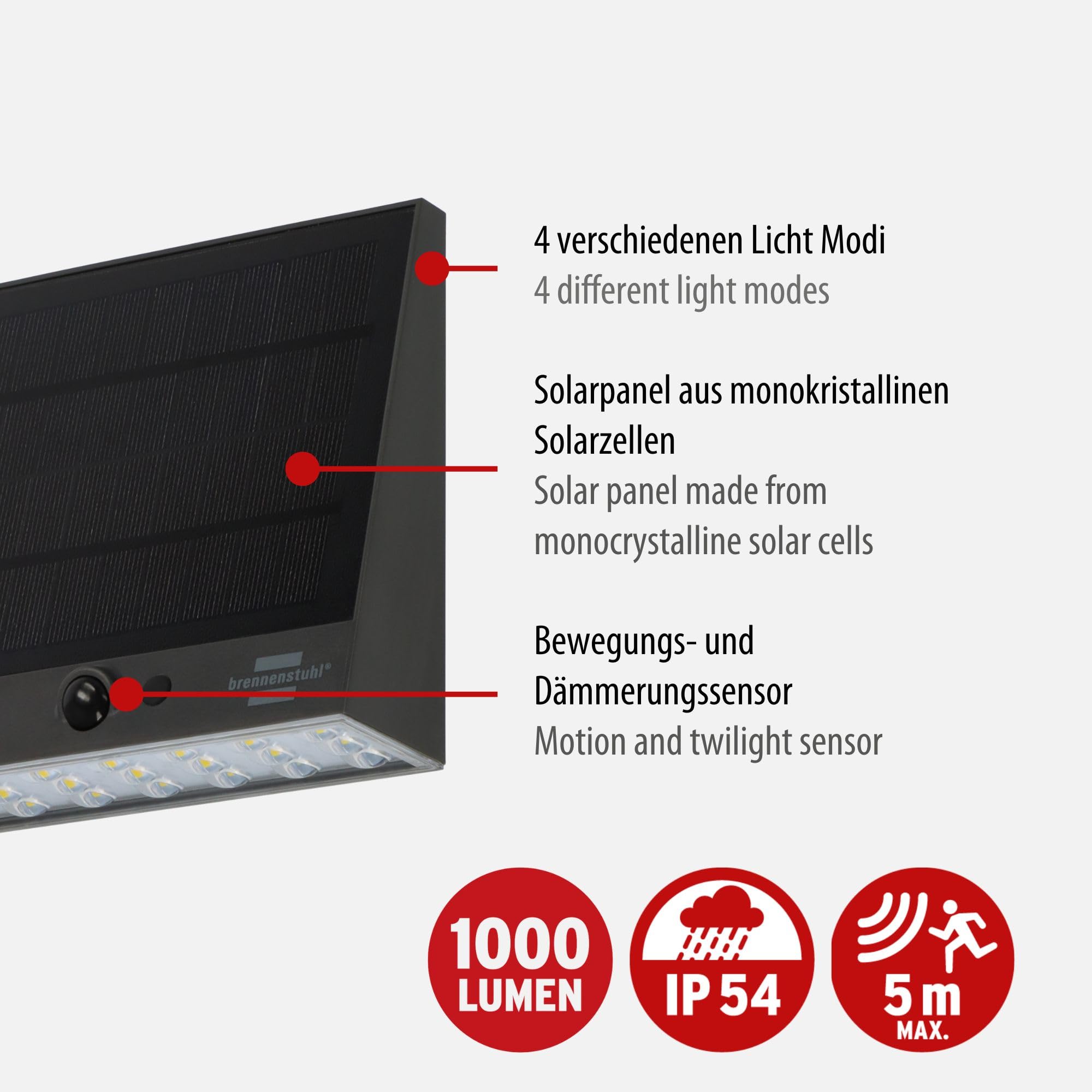 Brennenstuhl Solar LED Faro SOL 1000 Lampada da parete piana/LED per esterni con rilevatore di movimento (IP54, 1000lm, 4 diverse modalità di illuminazione, sensore crepuscolare, incl. batteria