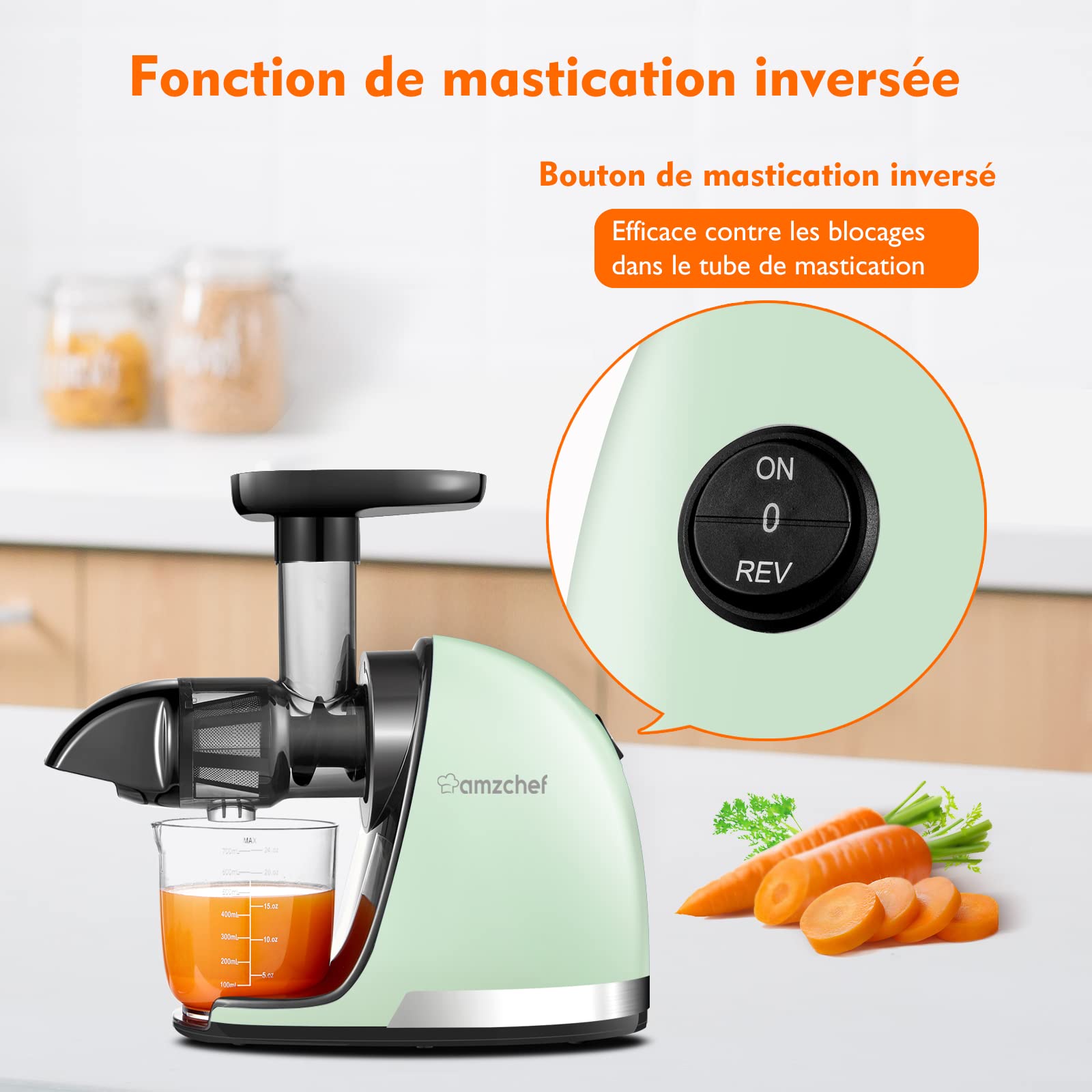 AMZCHEF Extracteur de Jus à Froid sans BPA 2 Tasses Brosse Fonction Mastication Inversée Vert