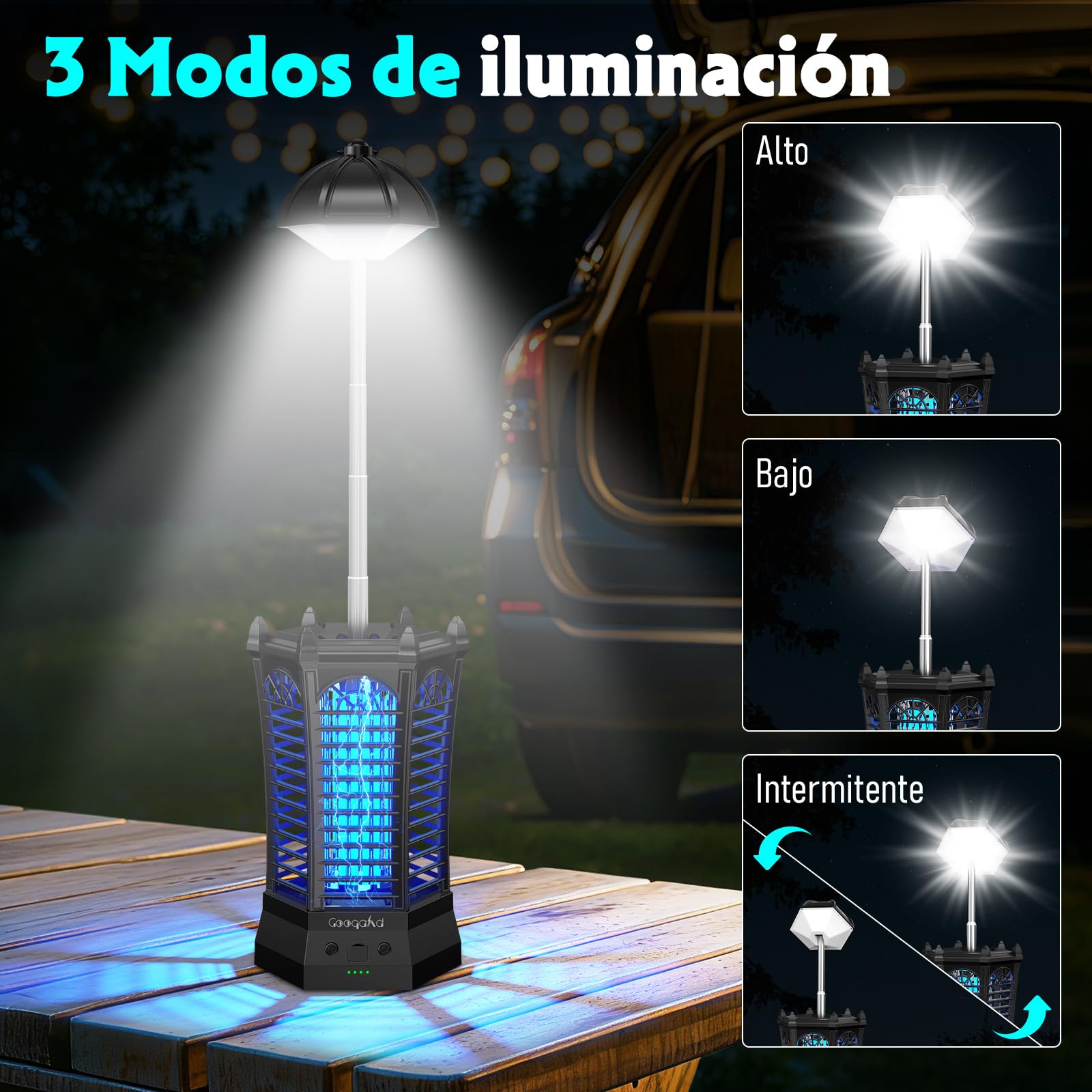 Lampara Antimosquitos GooQand 4000mAh, Mata Mosquitos Electrico UV Portátil Recargable con Pértiga Telescópica Red de Seguridad, 3 Modos de Iluminación para Exterior, Campamento, Jardín, Patio, Pesca