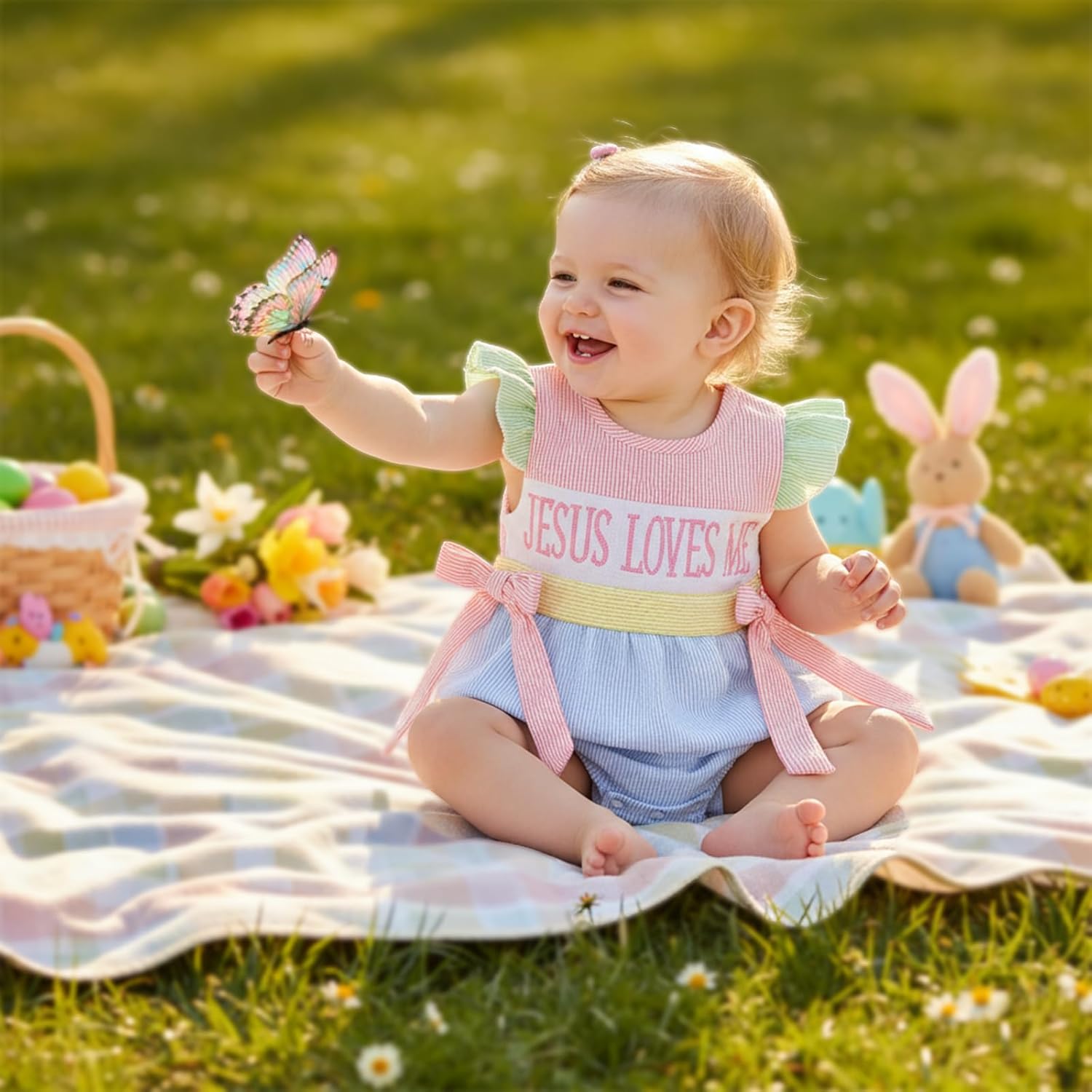 My First Easter Baby Girl Outfit Striped Bow Sleeveless Bubble Onesie Romper Summer Newborn Infant Clothes - Image 2