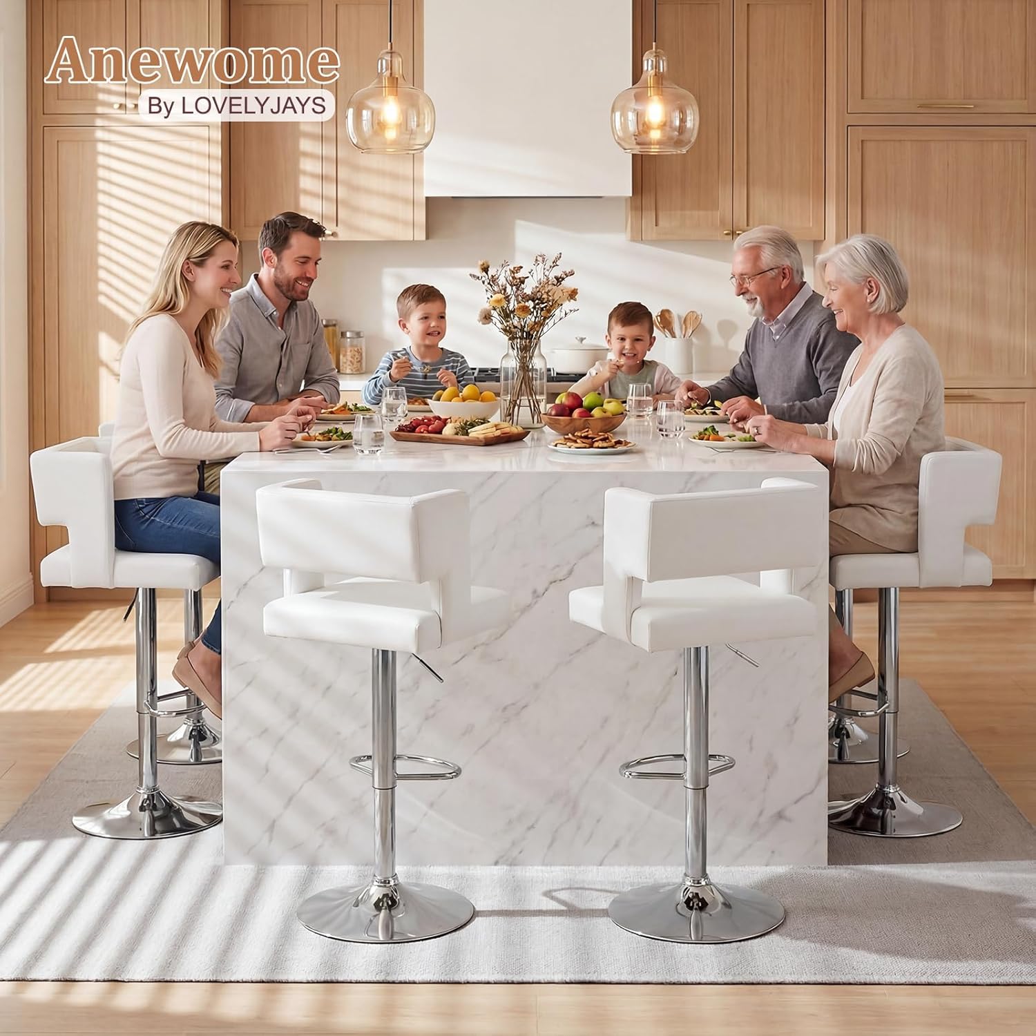 Swivel Bar Stools Set of 4 with Square Back, 26-34 inch Adjustable Faux Leather Counter Height Barstools with Footrest, Modern Upholstered Bar Chair for Kitchen Island/Pub, White & Silver Legs