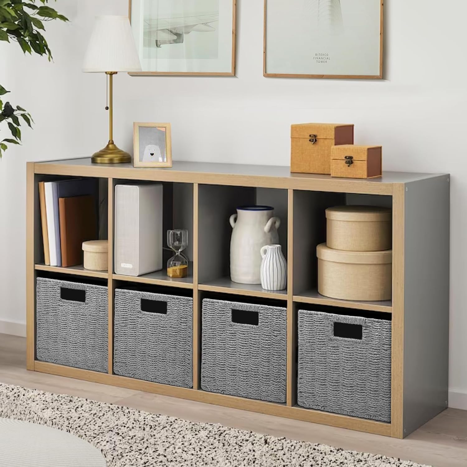 2 Cestas de Almacenaje, Cesta Mimbre Tejidas a Mano Cubo 28CM, Cesta Grande Plegable de Papel de Jacinto de Agua con Asas, Cesto Decorativo para Baño Estanterías Kallax Cocina Gris