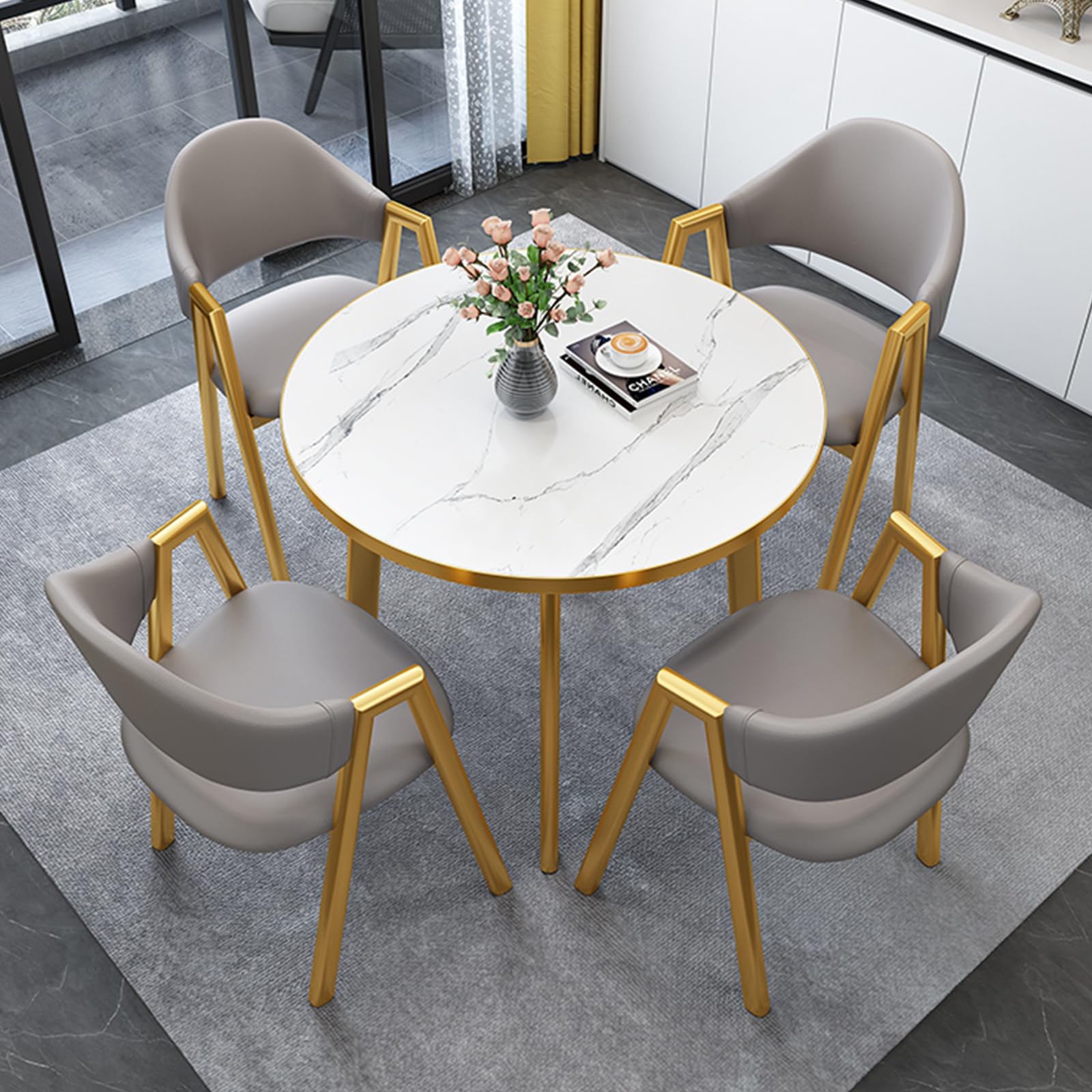 ASerZenith 5-Piece Office Table And Chair Set, Small Round Conference Table With Backrest Chairs, Space Saving Reception Room Furniture For 4,Golden-D 31.5Inch/80Cm