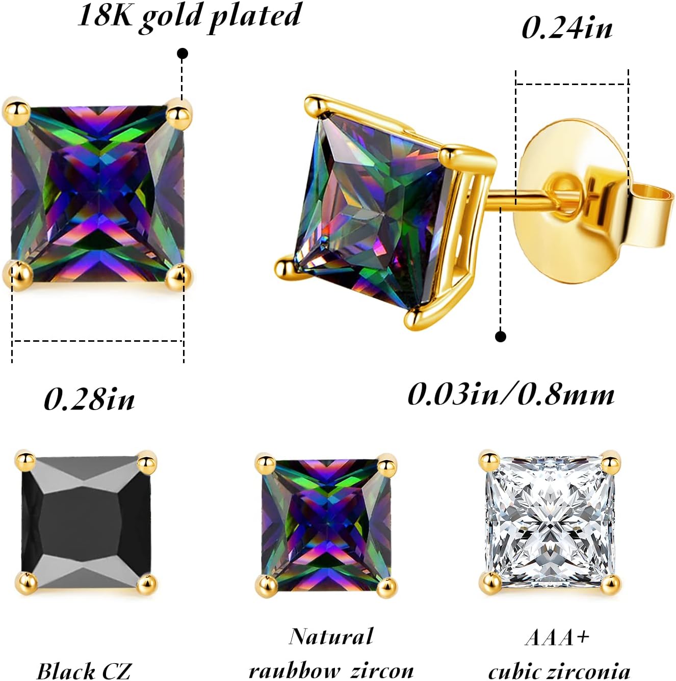 3 Pairs 6mm Stud Earrings Set for Women and Men, Clear/Rainbow/Black Cubic Zirconia Hypoallergenic Earring Pack