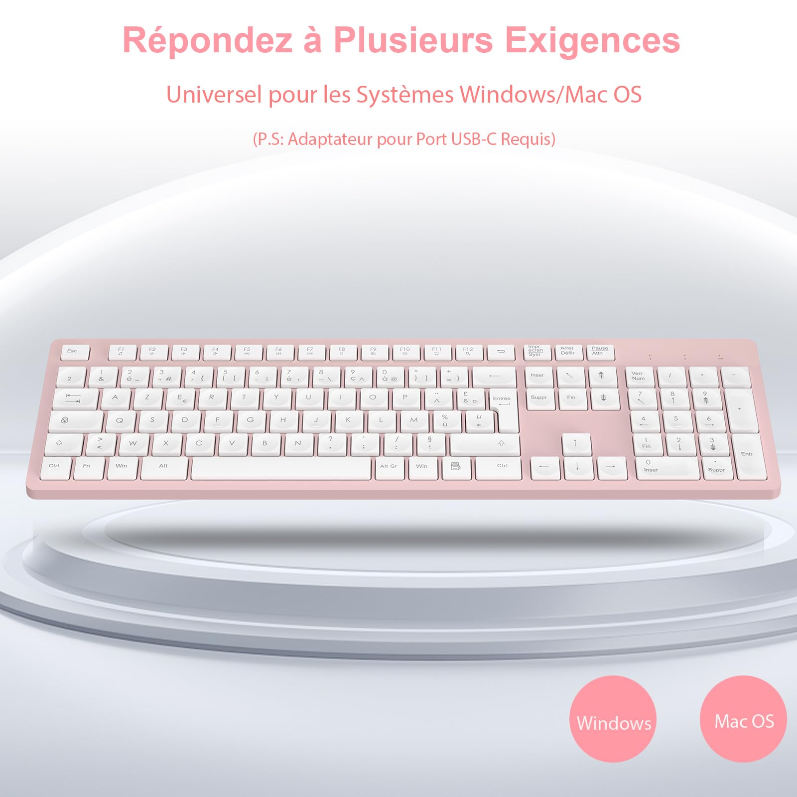 LeadsaiL Ensemble Clavier et Souris sans Fil, Ultra Mince and Silencieux Clavier AZERTY Français Pleine Taille 2.4G avec Récepteur USB pour PC, Ordinateur Portable, Windows, Mac -Rose