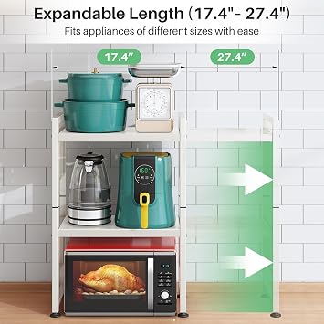 Microwave Stand, 3-Tier Expandable(17.4-27.4) Microwave Oven Rack, Heavy Duty Adjustable Shelf with 9 hooks, Kitchen Organizer Storage Shelves for Pantry, Countertop, Coffee Bar, Office, Dorm, White