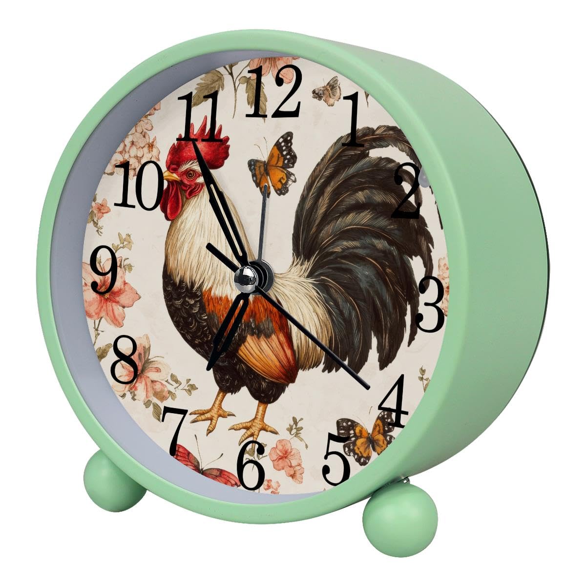 Luoweisi Alarm Clock Rooster Butterfly, Silent Non-Ticking with Night Light, Round Metal Alarm Clock for Office, Battery Operated, Bedroom, Elderly, Adults, Children, Student Gifts