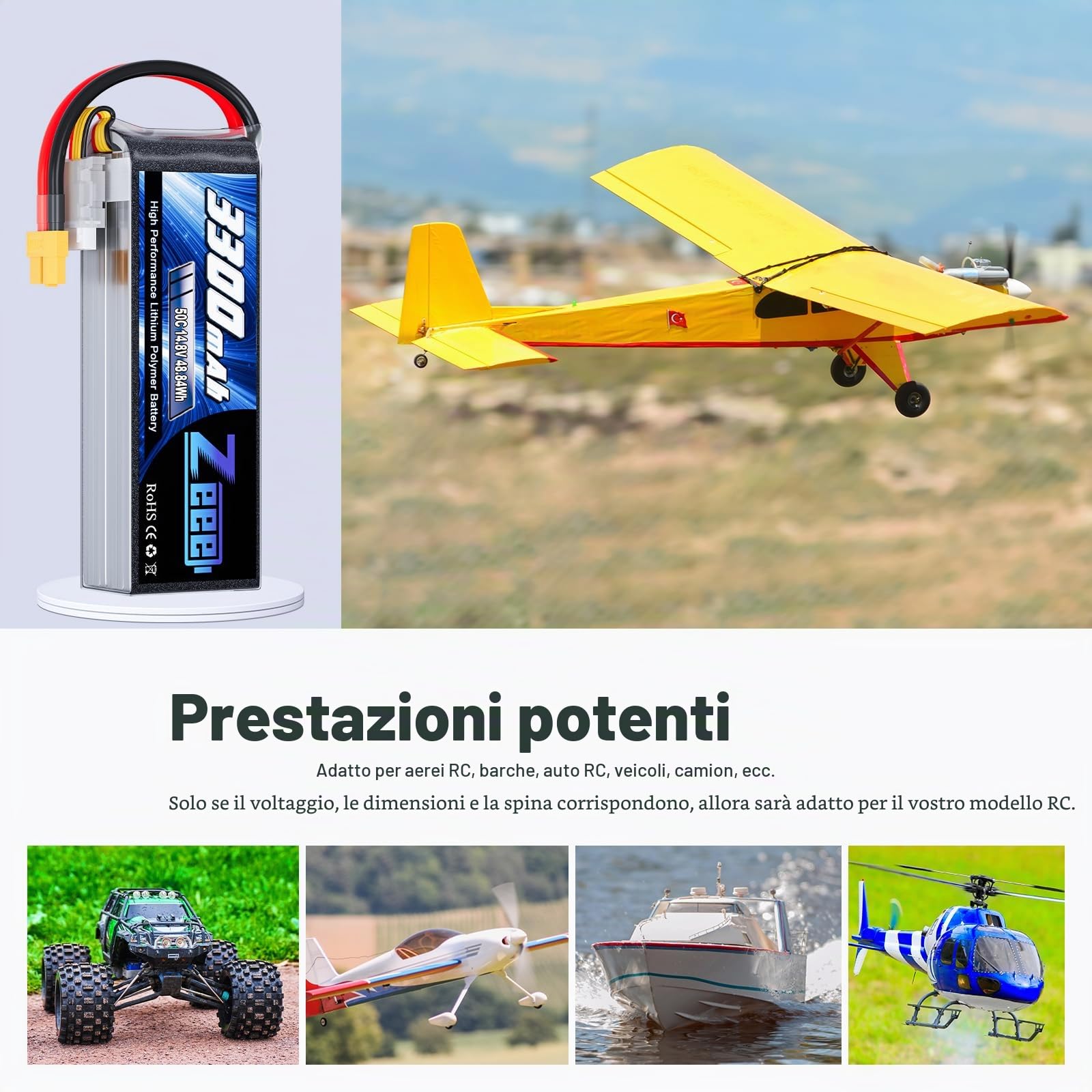Zeee 4S Lipo 14,8V 50C 3300mAh RC Batteria con Connettore XT60 (2 pezzi) | Batteria RC per FPV Racing UAV Drone Veicolo a quattro assi elicottero RC Nave RC Veicolo RC Modells