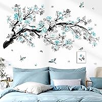 wondever Watercolor Blue Flower Branch Wall Stickers - Peel & Stick Blossom Tree Floral Birds Decals for Bedroom Living Room Sofa Background