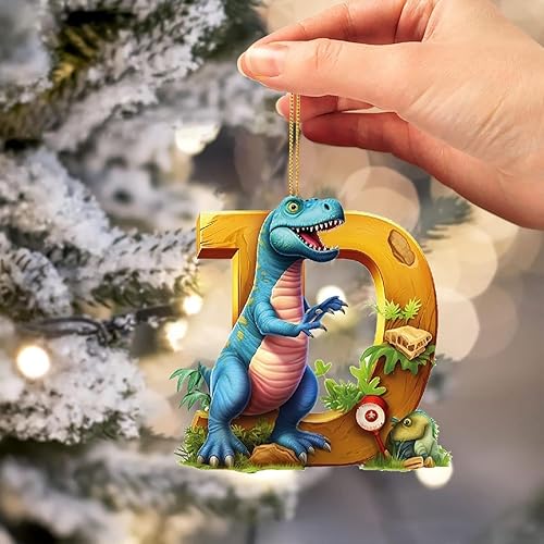 Miniatura 3 de Adornos de dinosaurio de Navidad con dije de dibujos animados de 26 letras, figuras de dinosaurio de acrílico, regalo colgante para árbol de