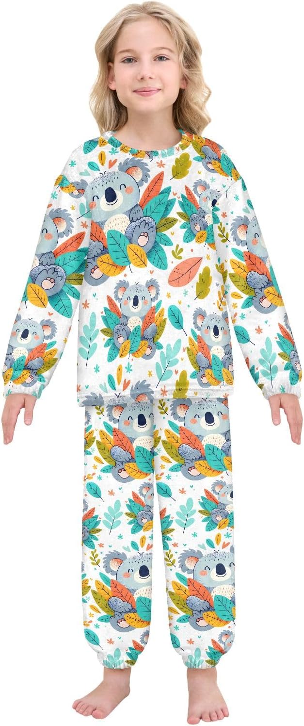 Kids Flannel Sets Koala and Leaves Print Warm Plush Relaxed Clothing for Boys and Girls