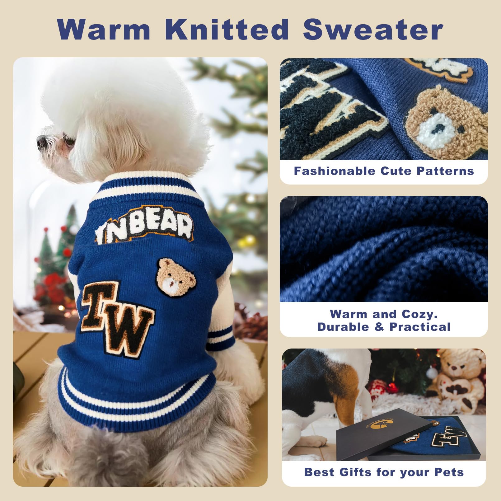 Kleiner Hundepullover, warmer Haustierpullover, niedlicher gestrickter klassischer Hundepullover für kleine Hunde, Katzenpullover, Hunde-Sweatshirt, Kleidung, Mantel, Bekleidung (M)