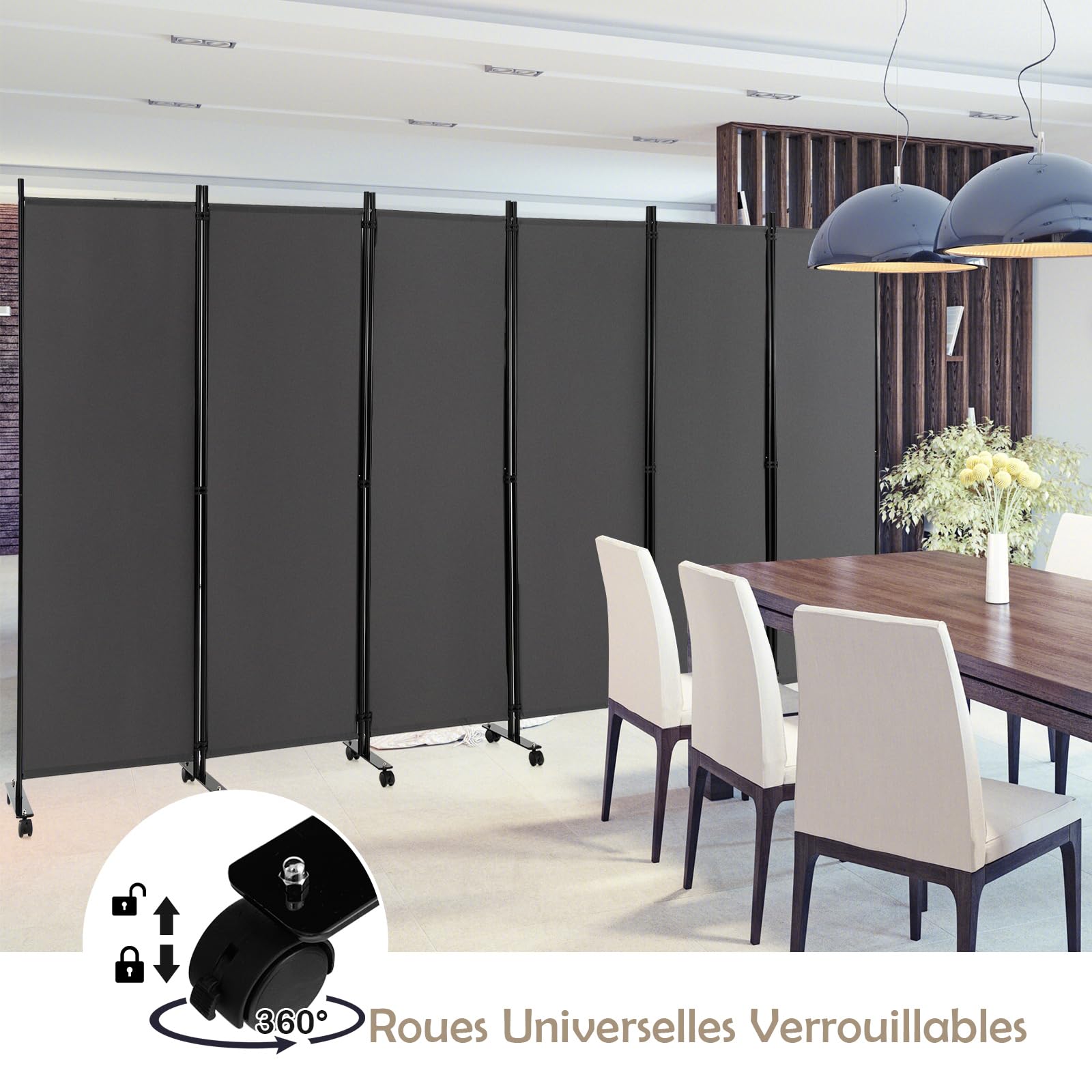 GOPLUS Paravent Pliable 6 Panneaux avec Roues, Brise Vue Intérieure et Extérieure avec Support en Métal,Paravent de Chambre Retractable 334,5x172CM, pour Salon, Chambre, Hôpital(Gris)