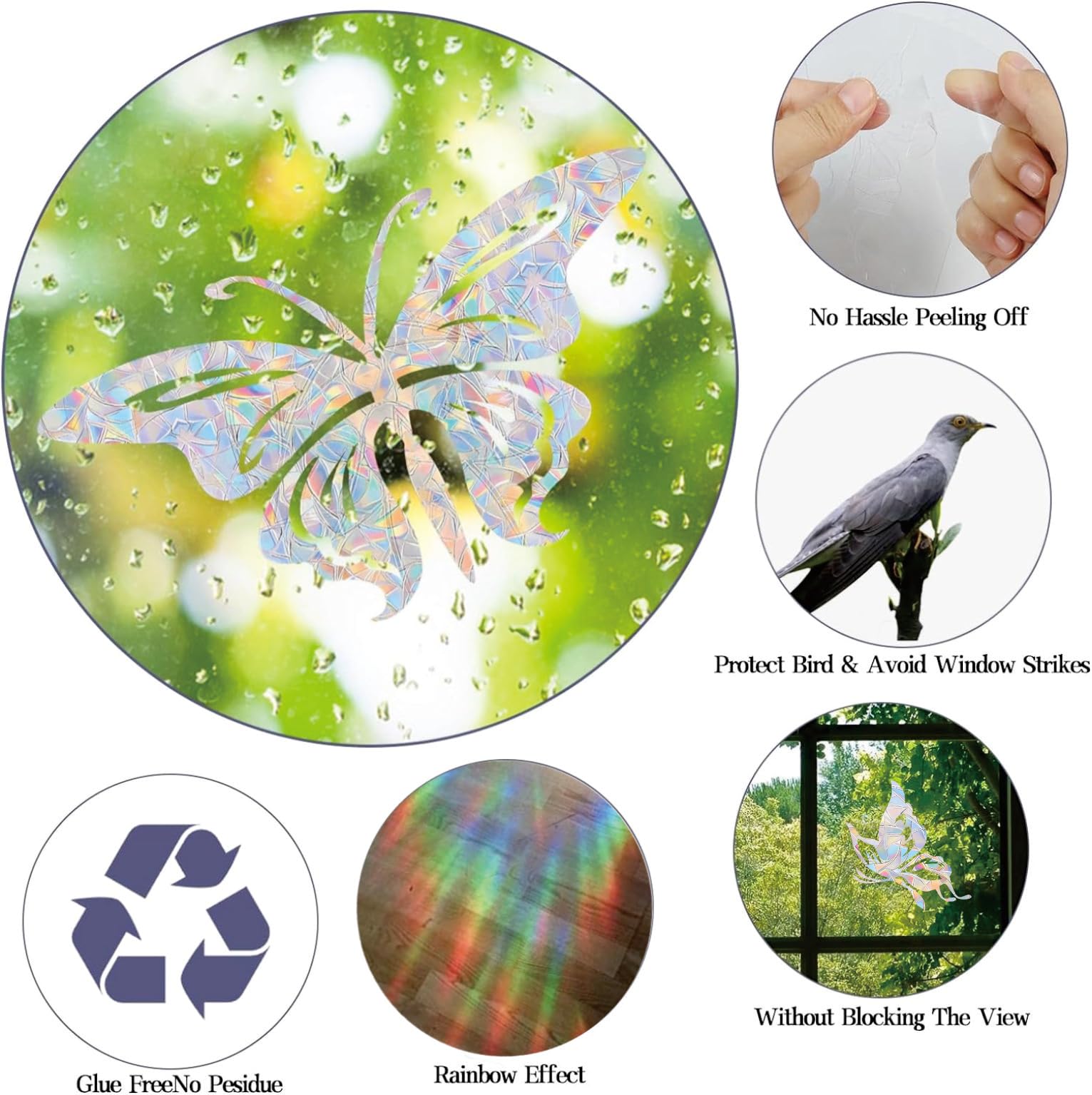 Bird Deterrent Window Clings - 32PCS Butterfly Rainbow Stickers - Prevent Bird Strikes - Window Decals for Glass Windows