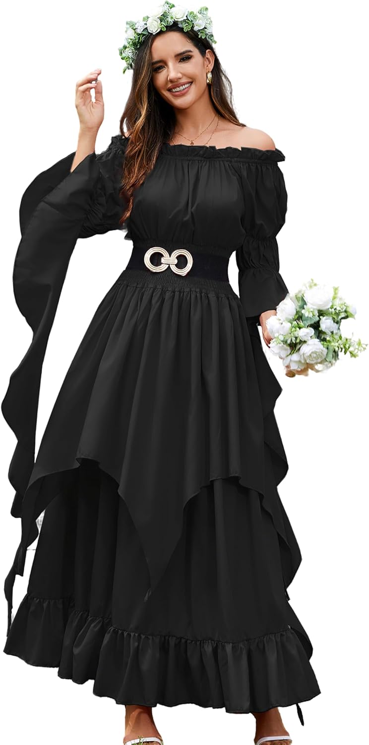 KWSTAIN Renaissance Dress Women Victorian Medieval Gothic Witch Fairy Wedding Beige Off Shoulder Puff Sleeve Ruffle Dresses