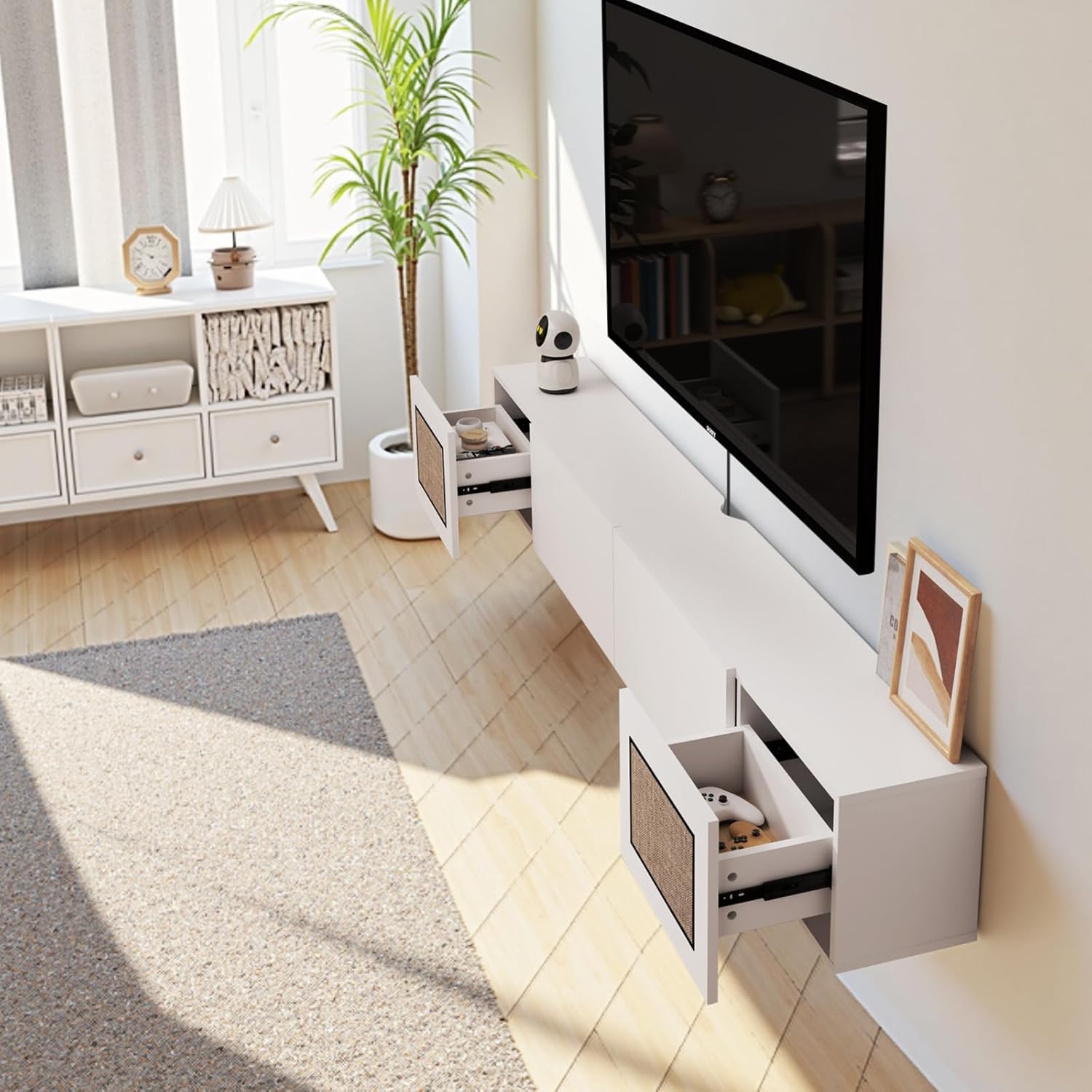 Pmnianhua Boho Floating TV Stand 55", Modern Wall Mounted Media Console with Cotton-Rayon Doors for Under TV Shelf,Entertainment Center,Living Room,Bedroom(White) - Image 4