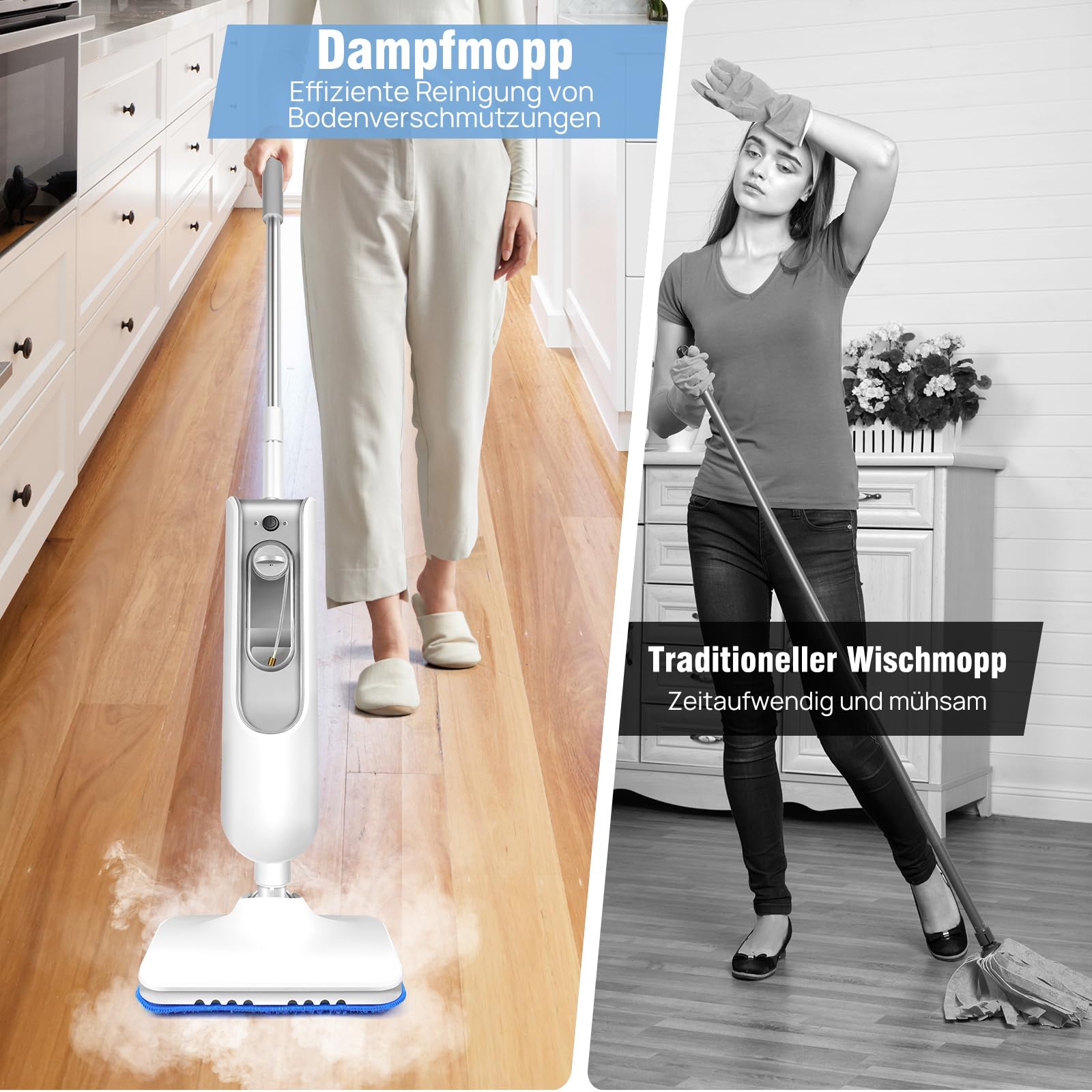Qimu Dampfreiniger 1500W Dampfbesen Bodendampfreiniger Hand-dampfreiniger bis 108°C für Tiefenreinigung Böden Elektrischer Bodenwischer mit Wassertank 400ML, Entfernt bis zu 99,9% der Bakterien