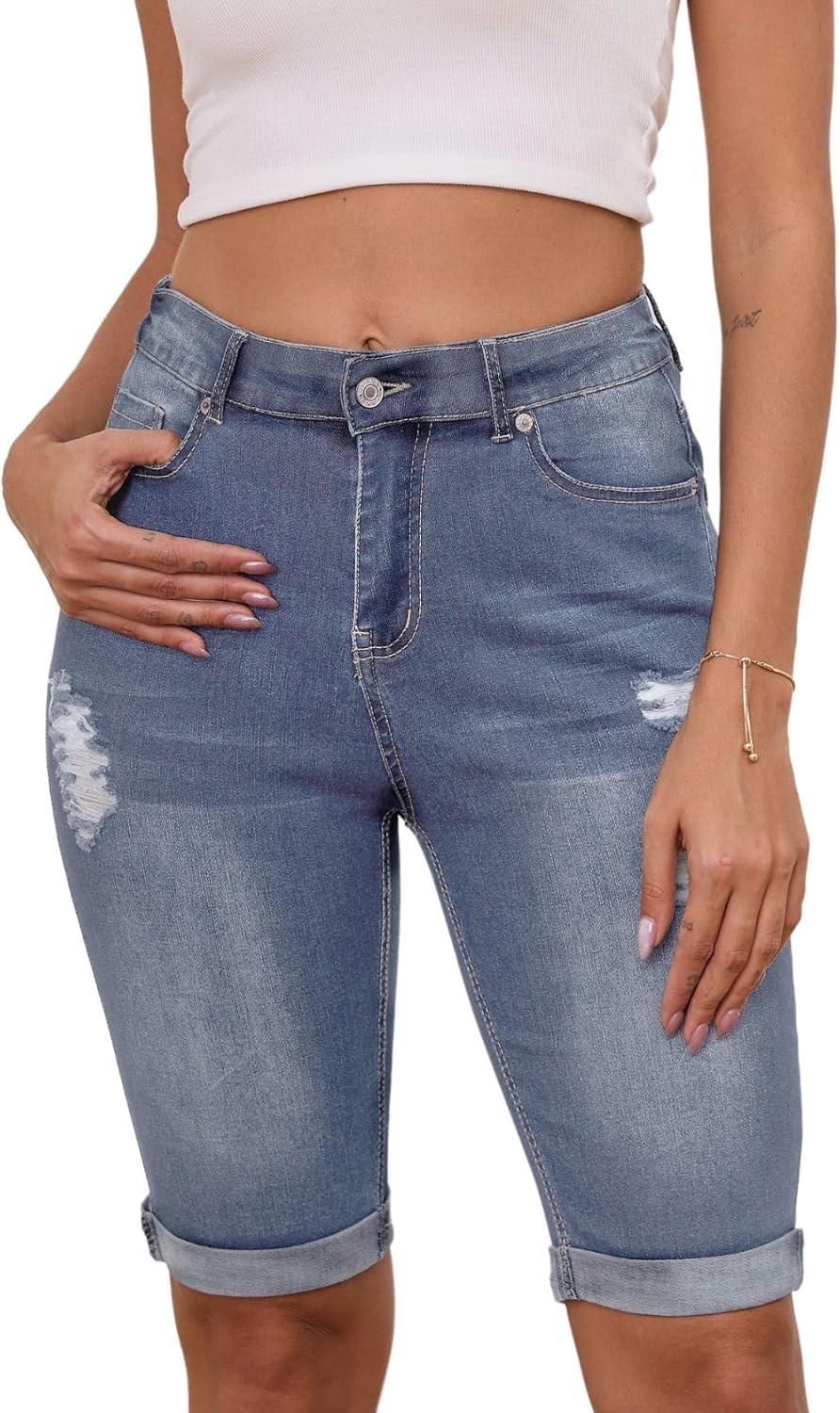 Sweezarmo Womens Summer Bermuda Shorts Distressed Denim Jean Distressed Elastic Waist Denim Short