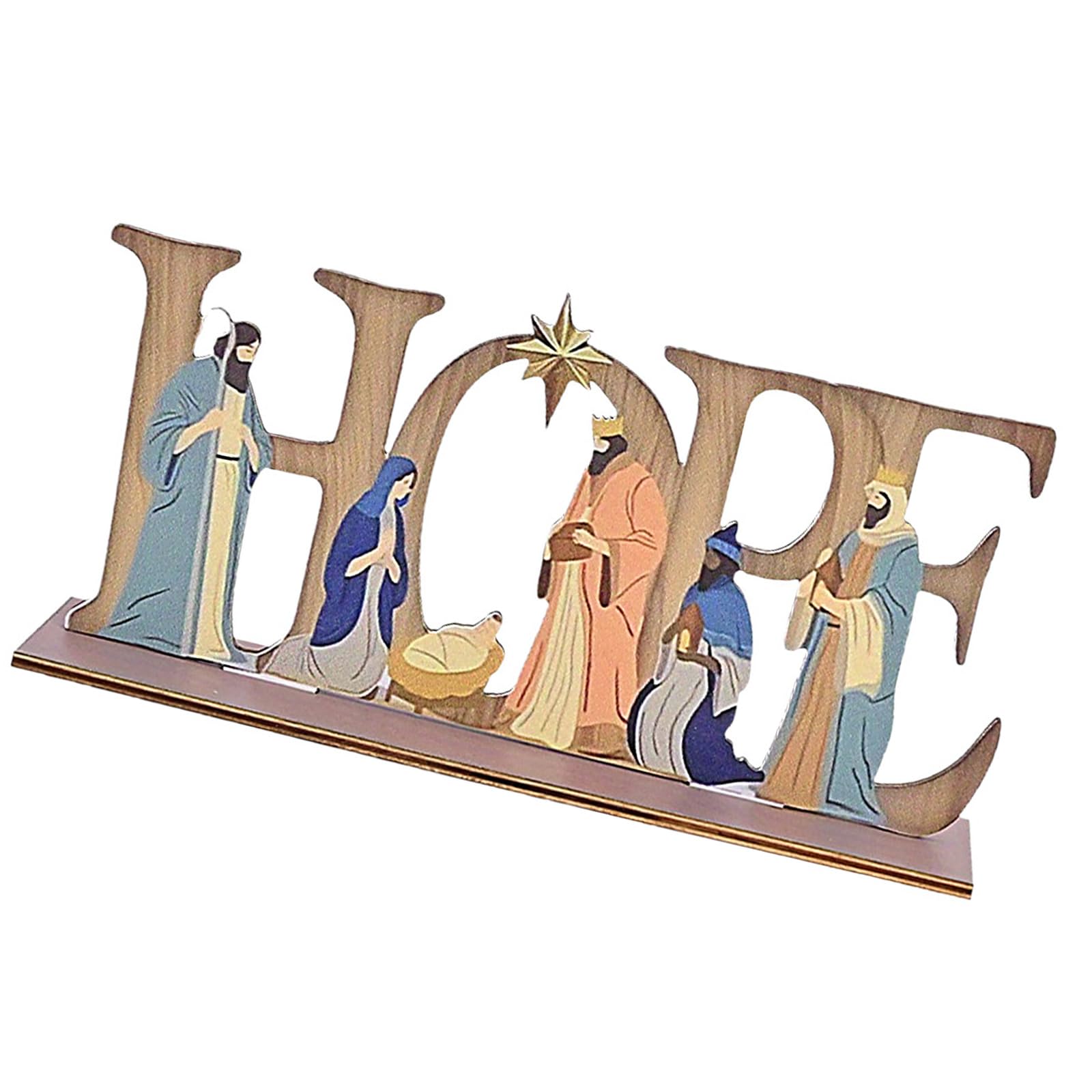 ZEXKENS Wood Nativity Figure with Hoping Sign Christmas Indoor Ornamentation for Christmas Home Decors and Religious Gatherings
