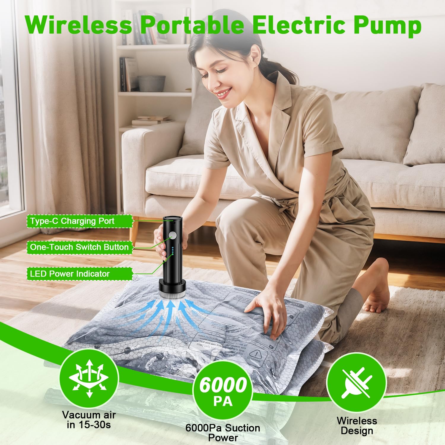 Bolsas de sellado al vacío para ropa con bomba eléctrica inalámbrica, para viajes y uso doméstico, paquete de 9 bolsas de almacenamiento al vacío ideales para ahorrar espacio, bolsas de