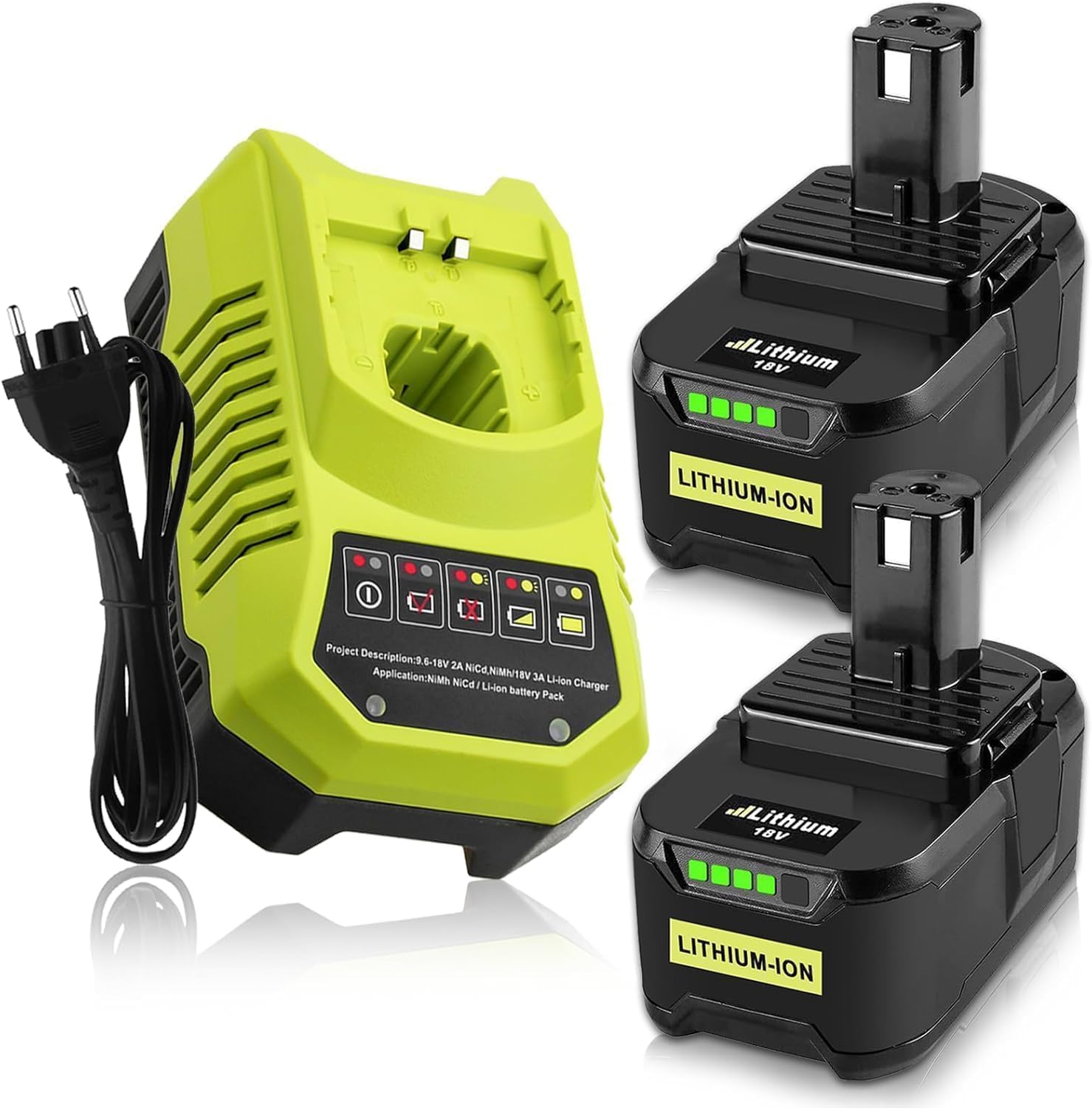 2X 18V 5,5Ah (con Cargador) Batería de Repuesto para Ryobi + Cargador 9,6V-18V 3A para Ryobi P106 P107 P108 P100 P102 P103 P105 Self-LED (Verde)
