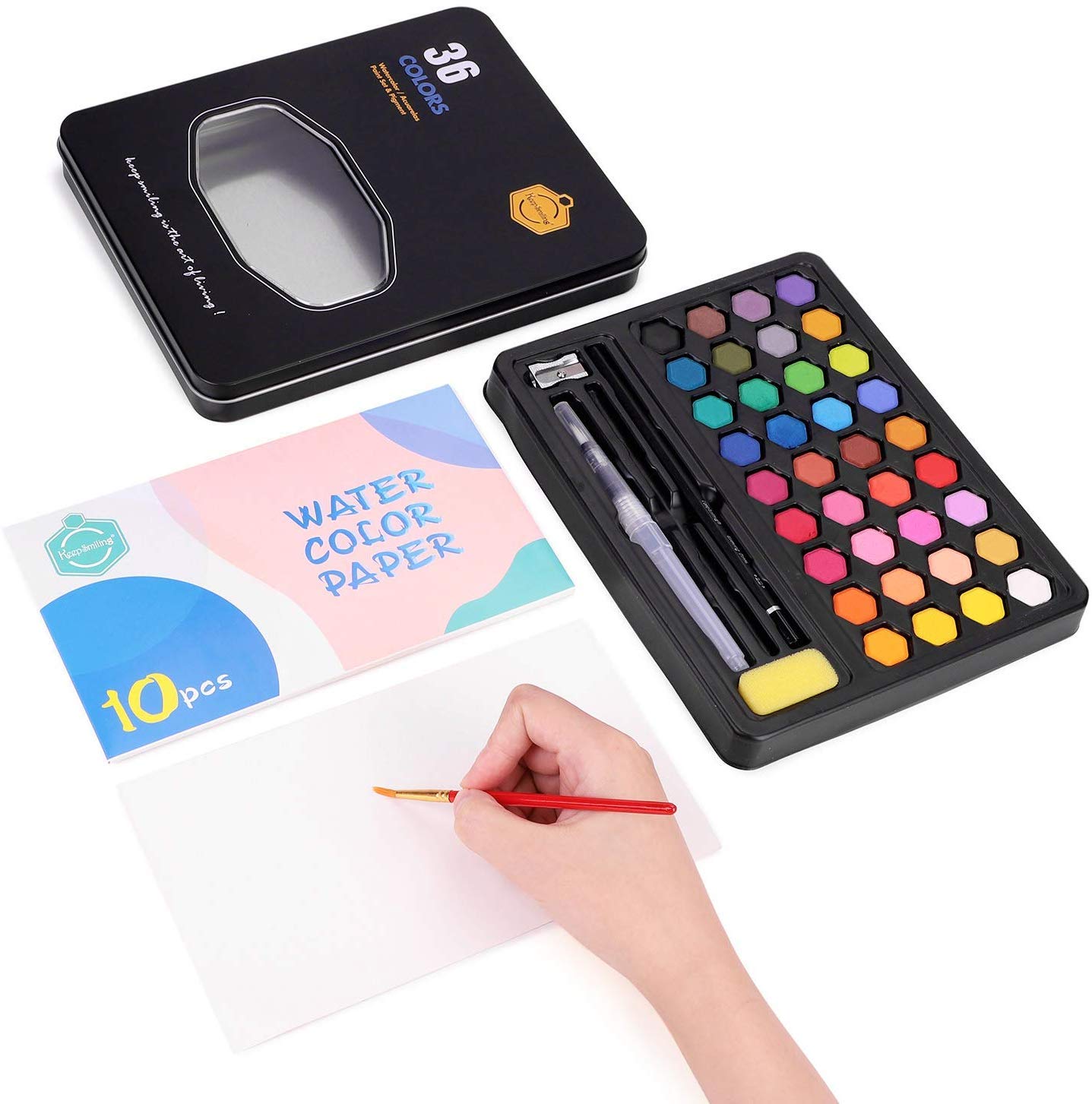 Portable Travel Watercolour Paint Set 36 Colors Water Paints Art Pad Premium Art Supplies Mixing Palette Pan, Includes Paint Brush, Perfect for Artists, Beginners, Kids, Adults and Professionals